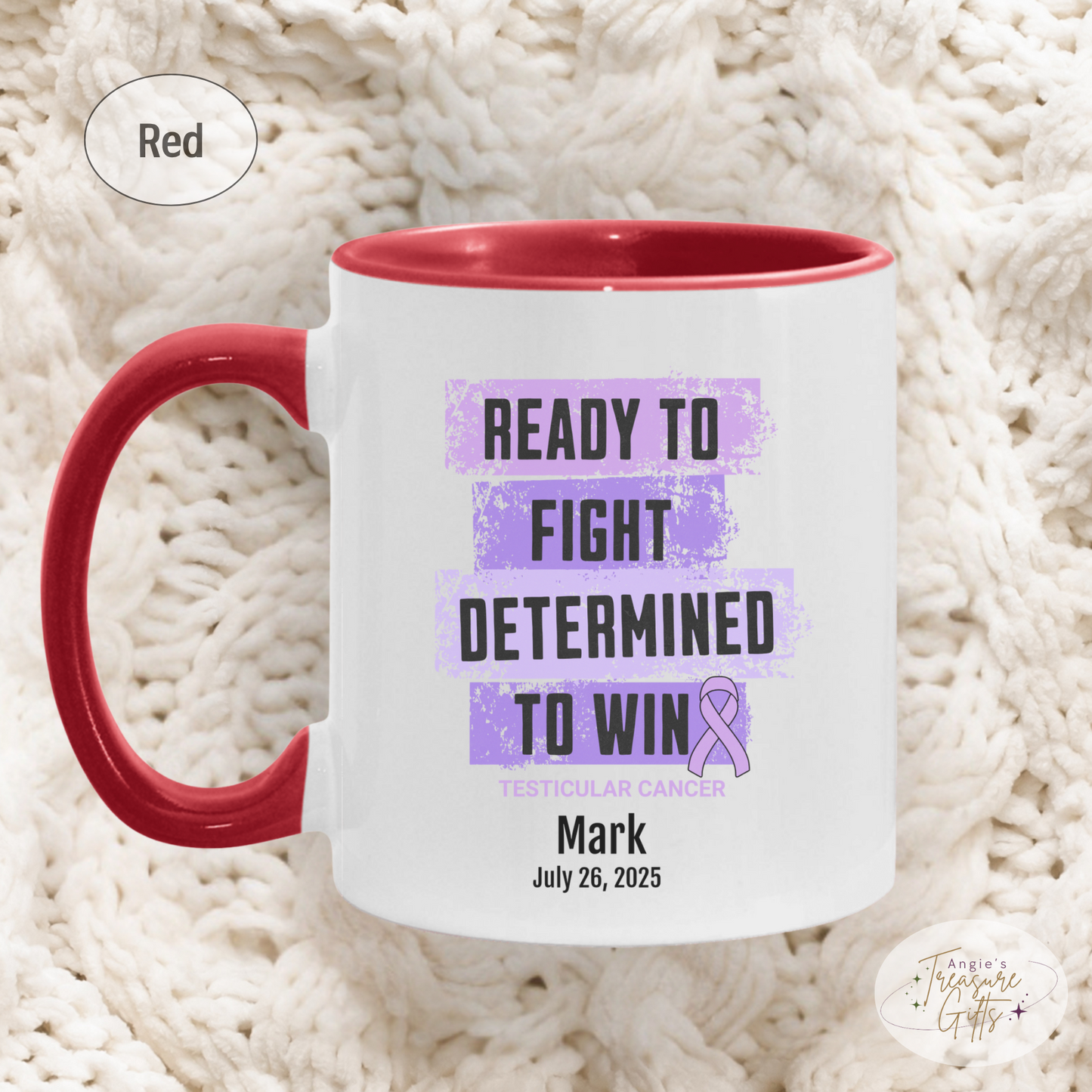 Personalized Testicular Cancer Awareness Mug – “Ready to Fight, Determined to Win” – Light Purple Ribbon Survivor Gift