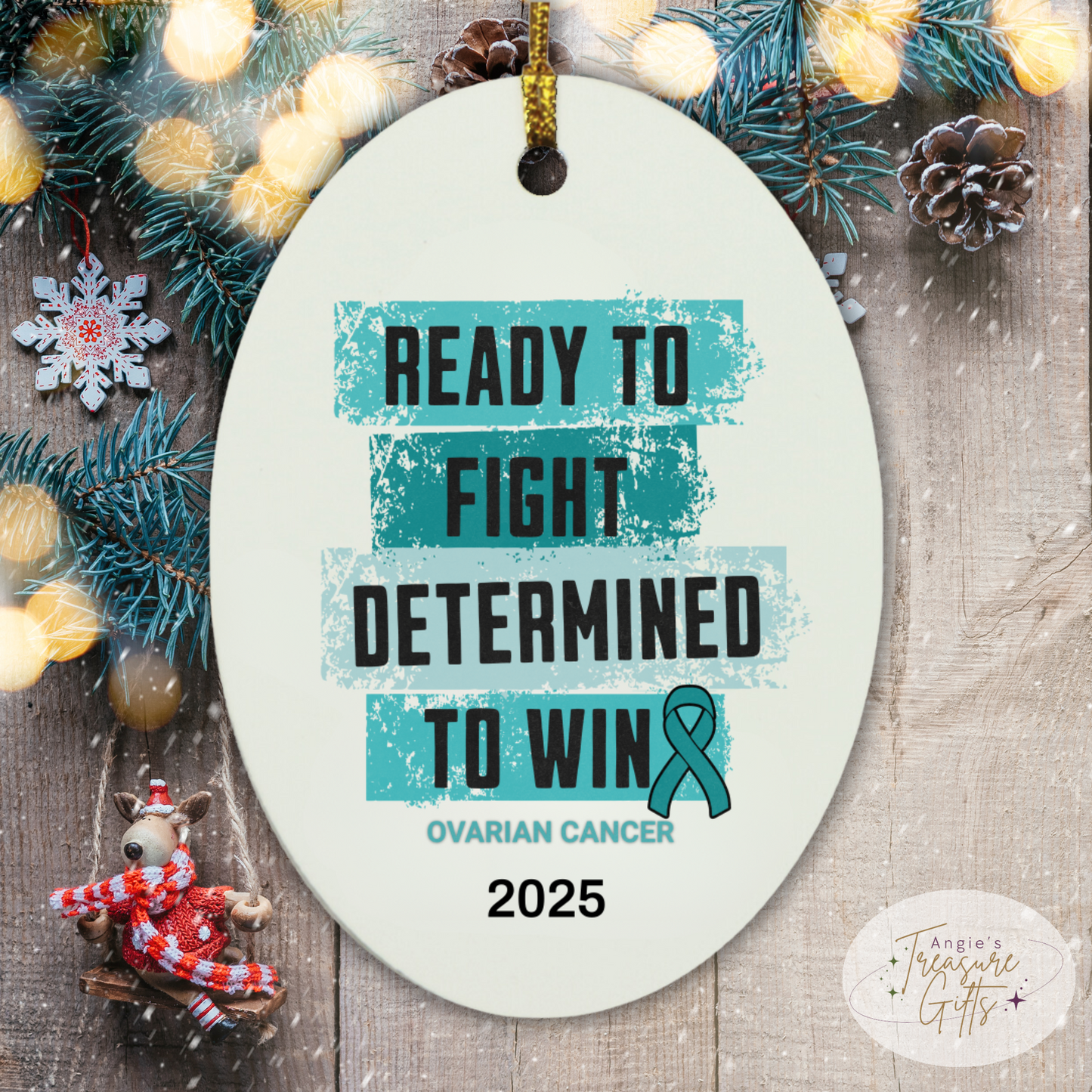 Personalized Ovarian Cancer Awareness Ornament – “Ready to Fight, Determined to Win” Teal Ribbon