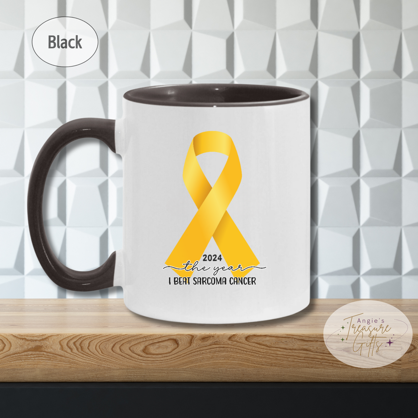 Custom Sarcoma Cancer Mug, I Beat Sarcoma Cancer Gift, Cancer Survivor Customized Coffee Cup, Yellow Awareness Ribbon, Accent Color Mug