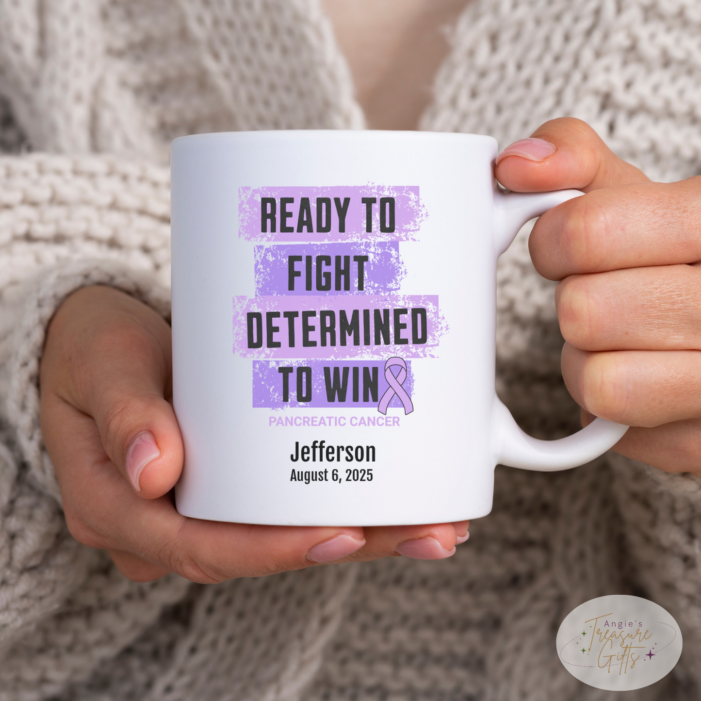 Personalized Pancreatic Cancer Awareness Mug – “Ready to Fight, Determined to Win” – Purple Ribbon Survivor Gift