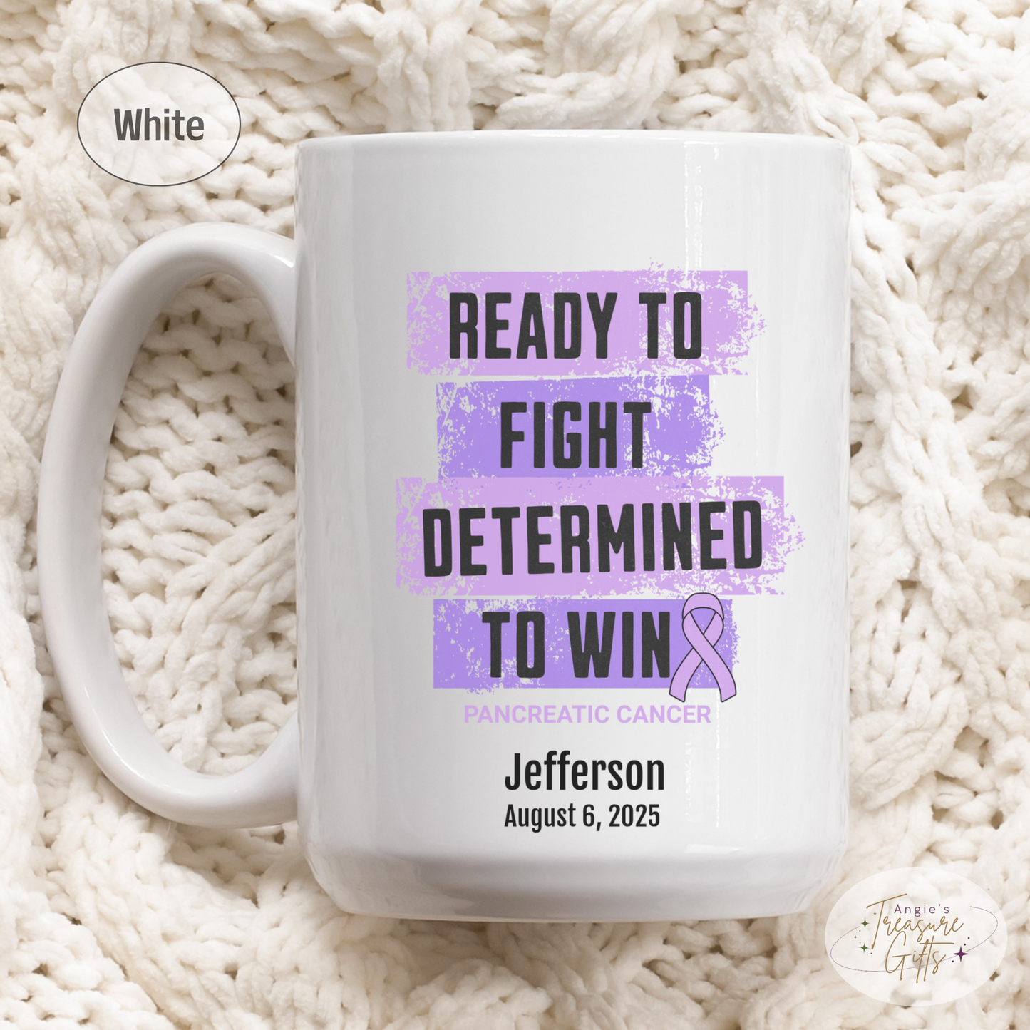 Personalized Pancreatic Cancer Awareness Mug – “Ready to Fight, Determined to Win” – Purple Ribbon Survivor Gift