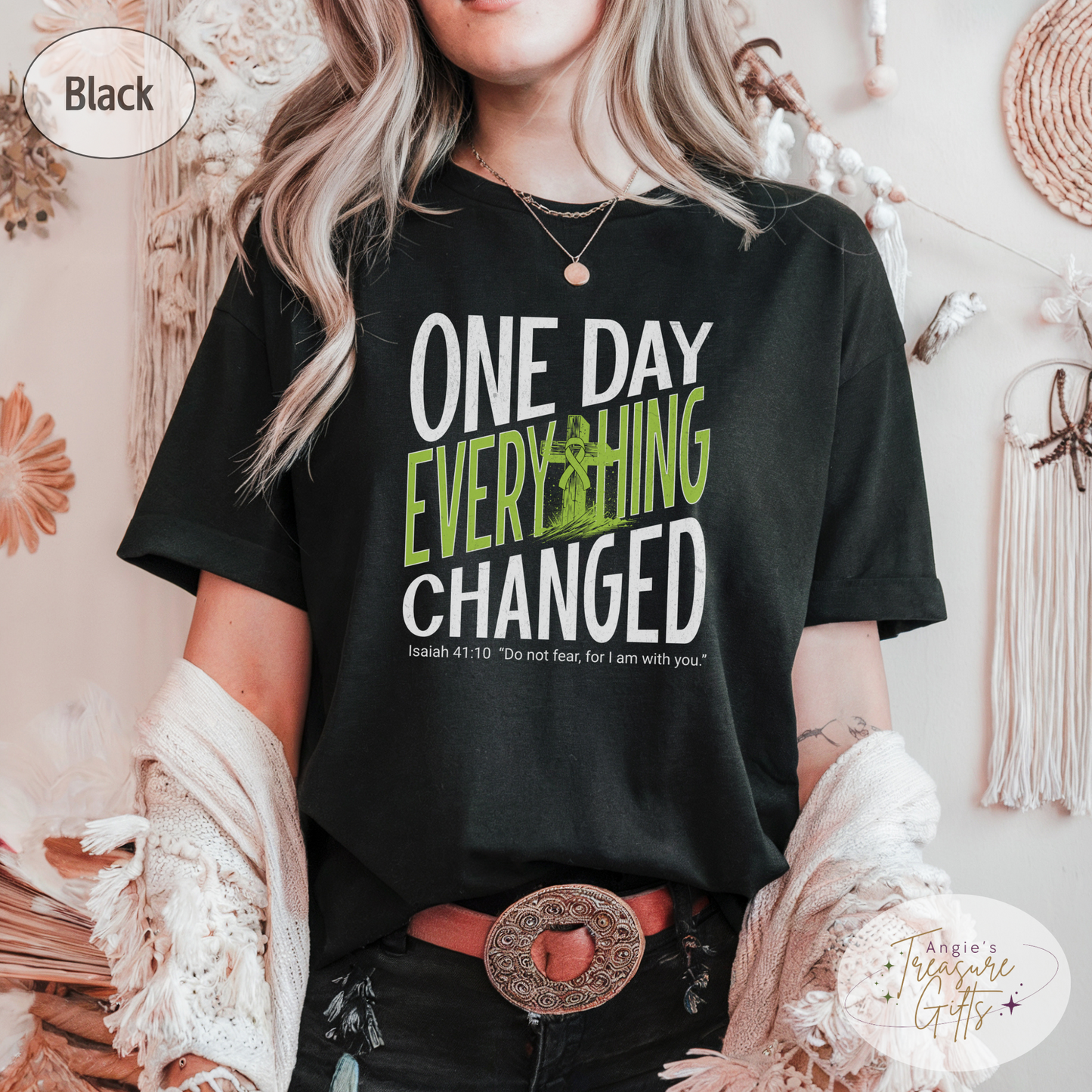 One Day Everything Changed Isaiah 41:10 Non-Hodgkin’s Lymphoma Awareness Shirt | Lime Green Ribbon Faith Hope Love Bella Canvas 3001 Tee