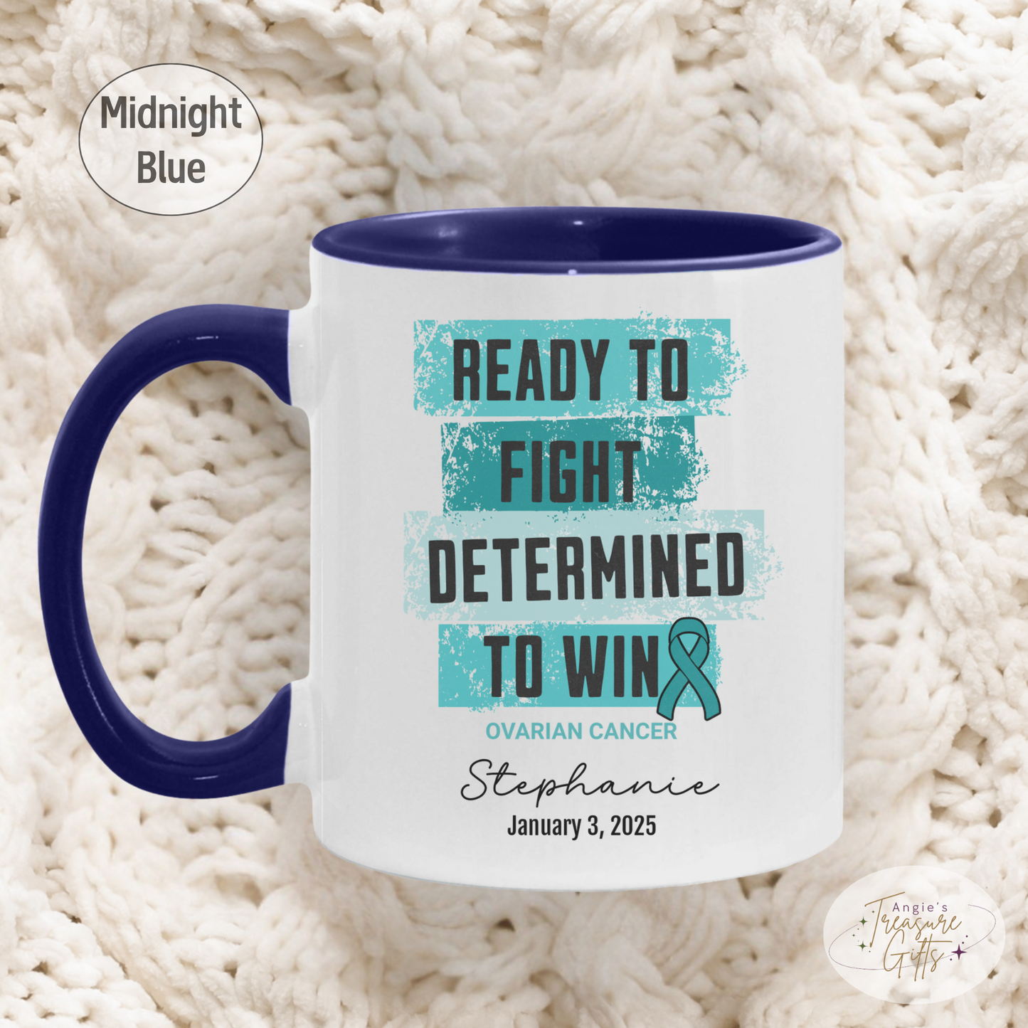 Personalized Ovarian Cancer Awareness Mug – “Ready to Fight, Determined to Win” – Teal Ribbon Survivor Gift