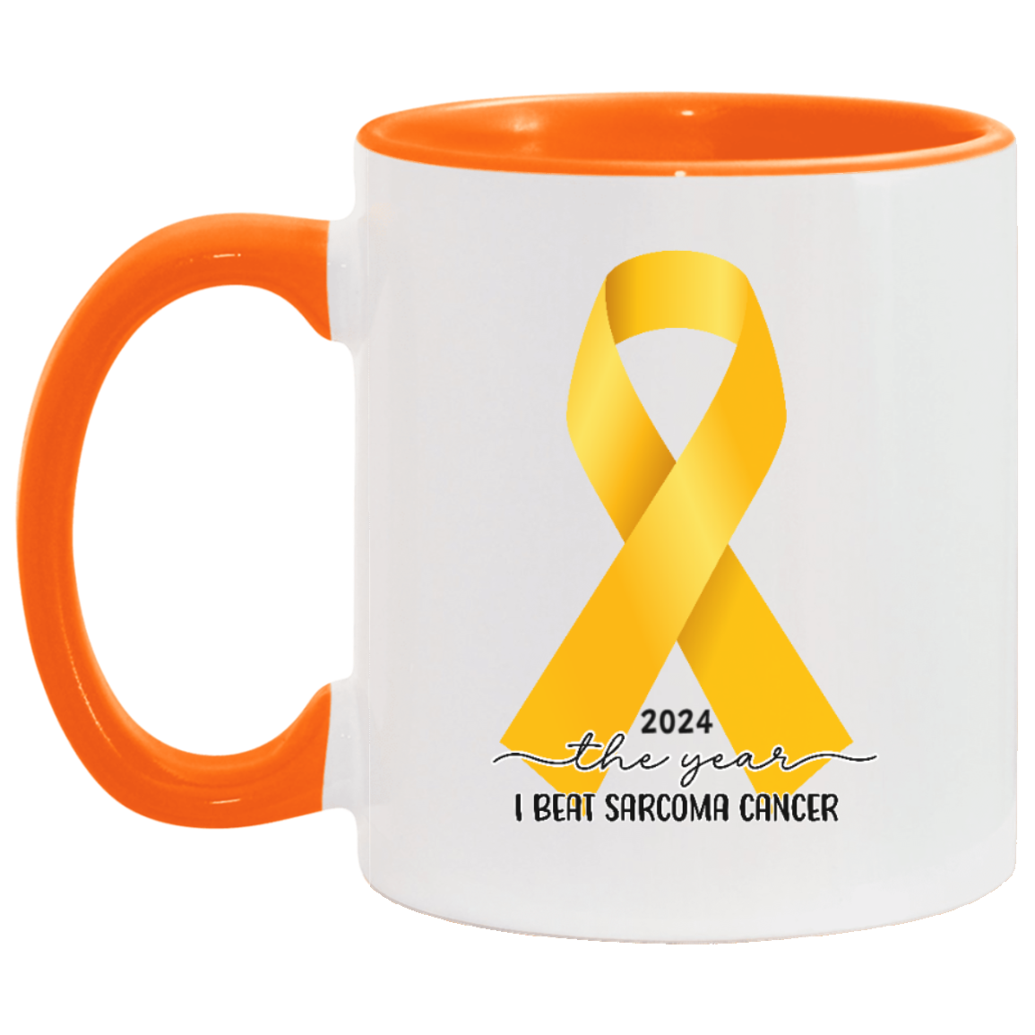 Custom Sarcoma Cancer Mug, I Beat Sarcoma Cancer Gift, Cancer Survivor Customized Coffee Cup, Yellow Awareness Ribbon, Accent Color Mug