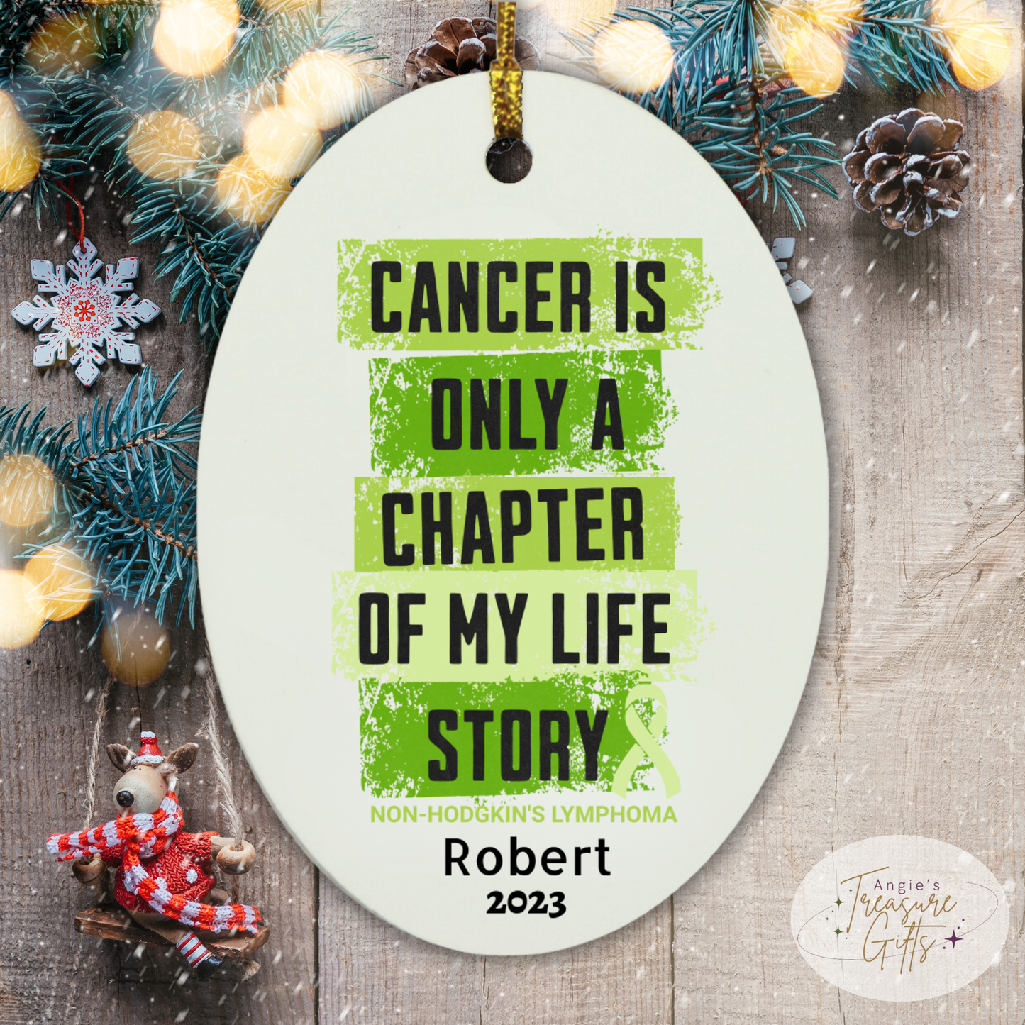 Personalized Non-Hodgkin’s Lymphoma Ornament – “Ready to Fight, Determined to Win” Lime Green Ribbon – Custom Name & Year