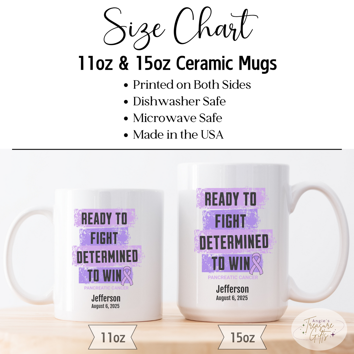 Personalized Pancreatic Cancer Awareness Mug – “Ready to Fight, Determined to Win” – Purple Ribbon Survivor Gift