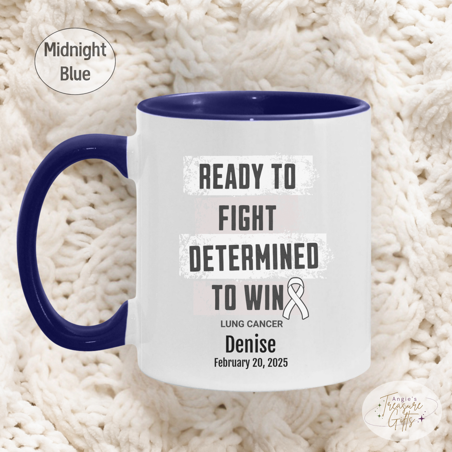 Personalized Lung Cancer Awareness Mug – “Ready to Fight, Determined to Win” – White Ribbon Survivor Gift
