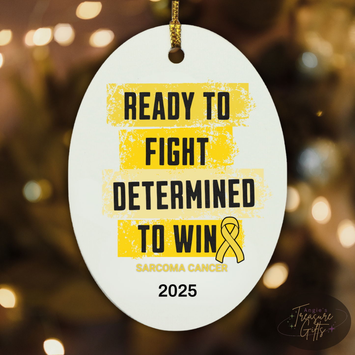 Personalized Sarcoma Cancer Awareness Ornament – “Ready to Fight, Determined to Win” Yellow Ribbon