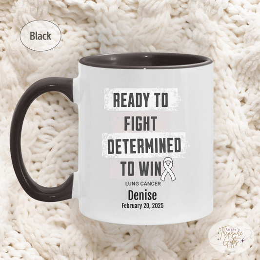 Personalized Lung Cancer Awareness Mug – “Ready to Fight, Determined to Win” – White Ribbon Survivor Gift