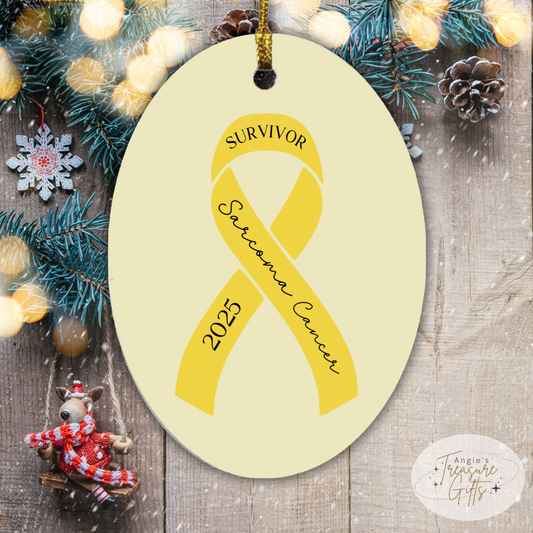 Personalized Sarcoma Cancer Ornament – Yellow Awareness Ribbon – Survivor, Warrior, or Fighter – Custom Year Keepsake Gift