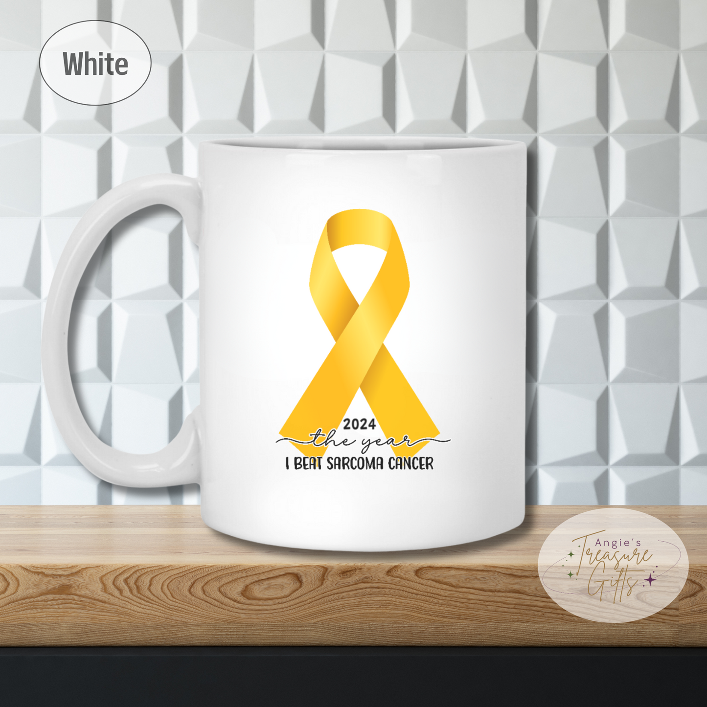 Custom Sarcoma Cancer Mug, I Beat Sarcoma Cancer Gift, Cancer Survivor Customized Coffee Cup, Yellow Awareness Ribbon, Accent Color Mug