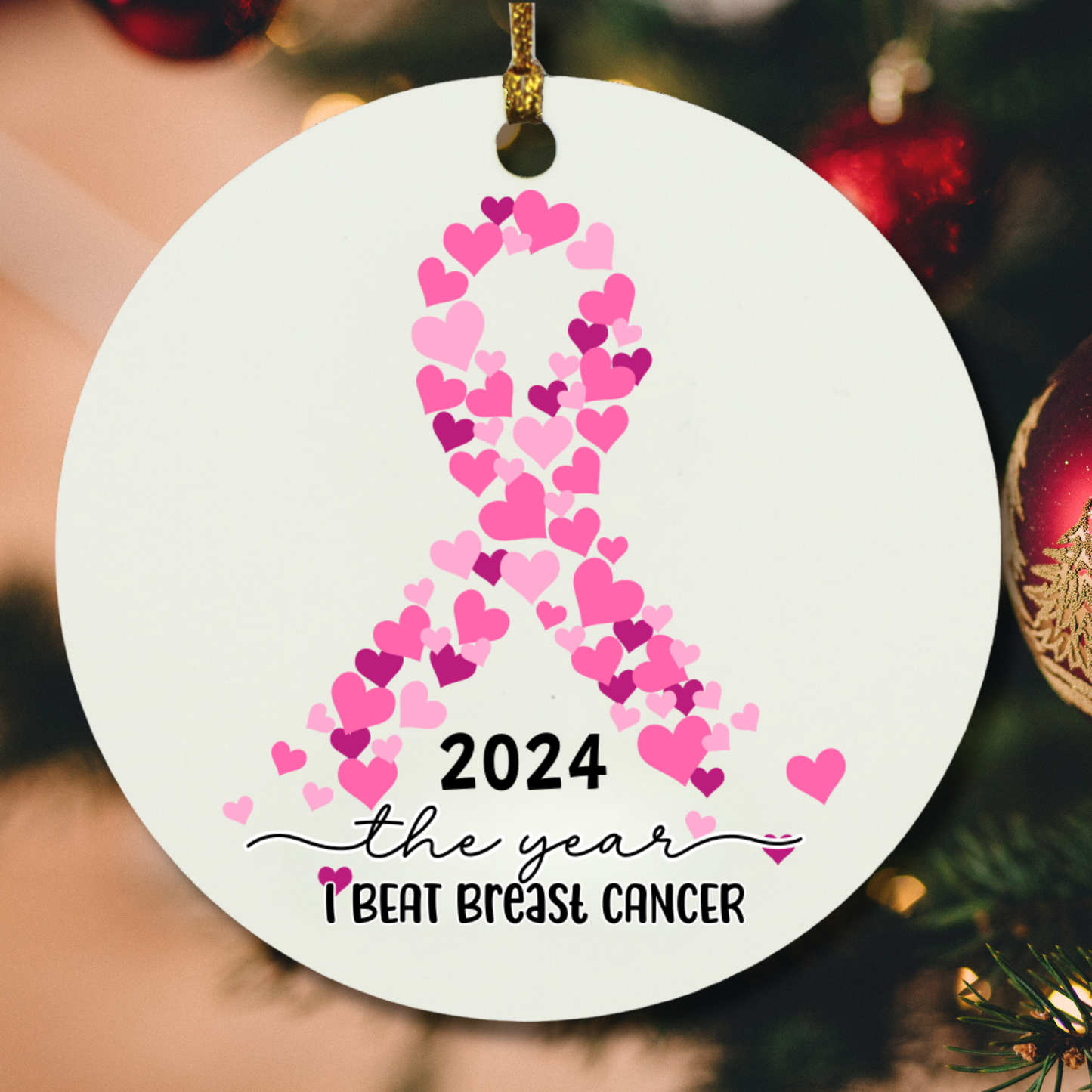 Personalized Breast Cancer Survivor Ornament – Pink Awareness Ribbon – Custom Year