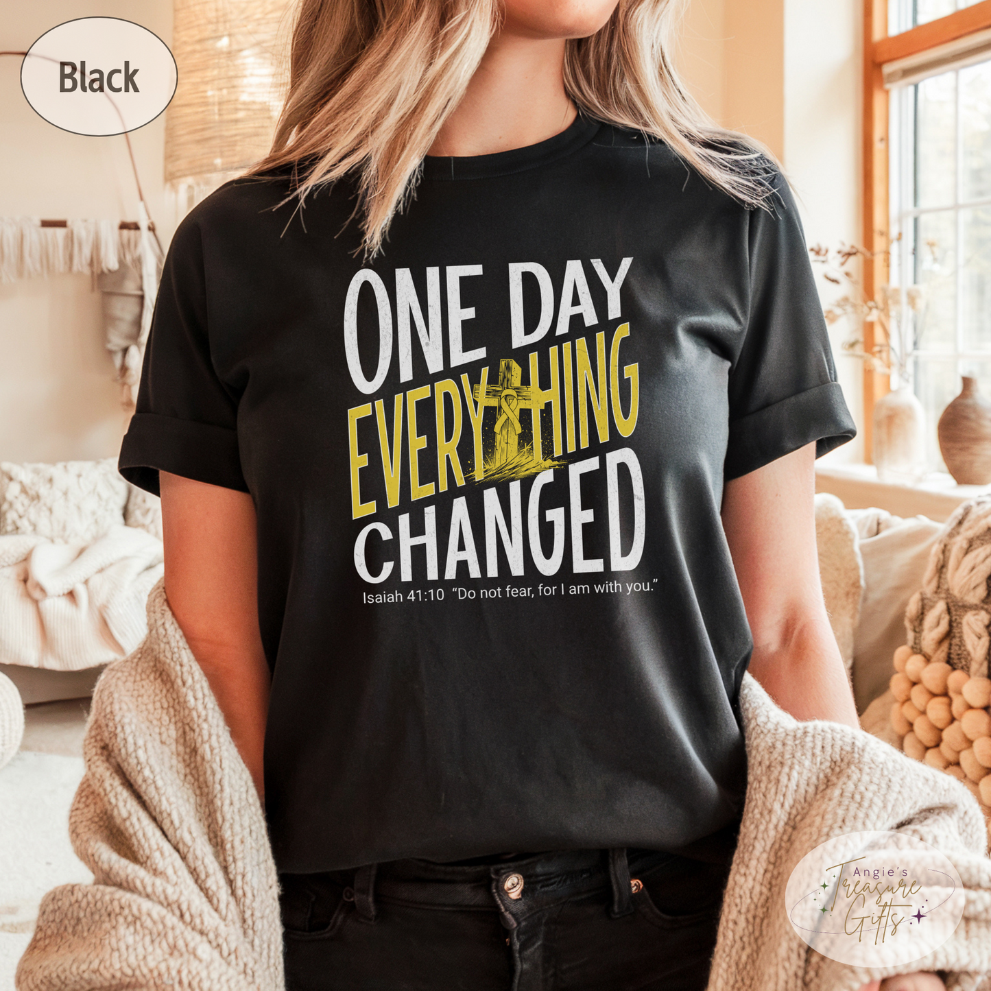 One Day Everything Changed Isaiah 41:10 Sarcoma Awareness Shirt | Yellow Ribbon Faith Hope Love Bella Canvas 3001 Tee