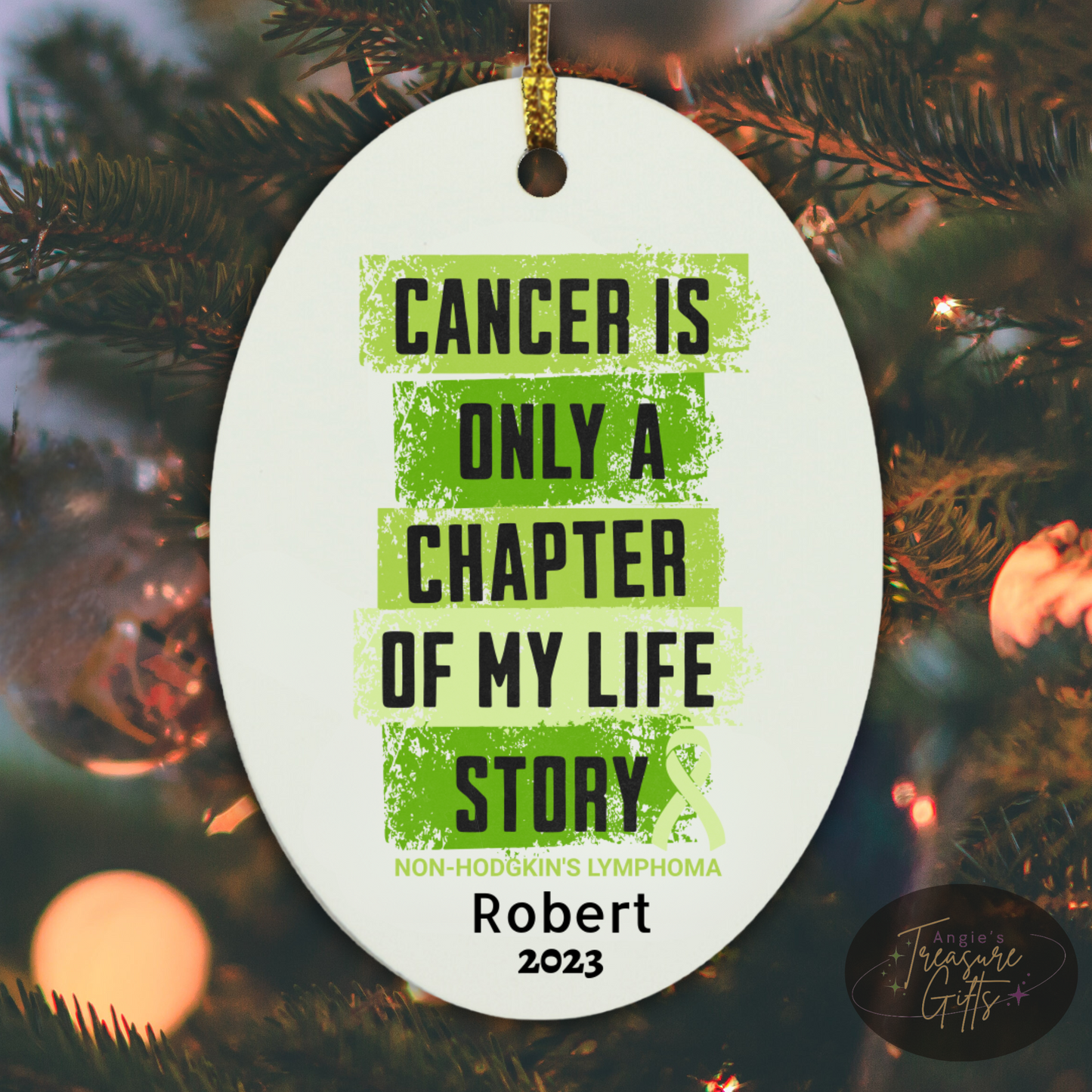 Personalized Non-Hodgkin’s Lymphoma Ornament – “Ready to Fight, Determined to Win” Lime Green Ribbon – Custom Name & Year