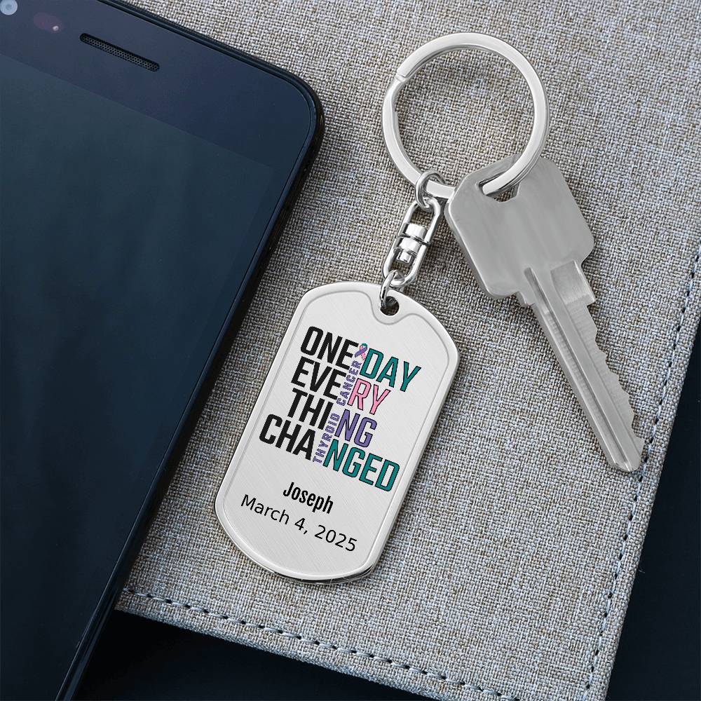 Personalized Thyroid Cancer Dog Tag Necklace or Keychain – One Day Everything Changed – Custom Engraved Cancer Gift & Keepsake