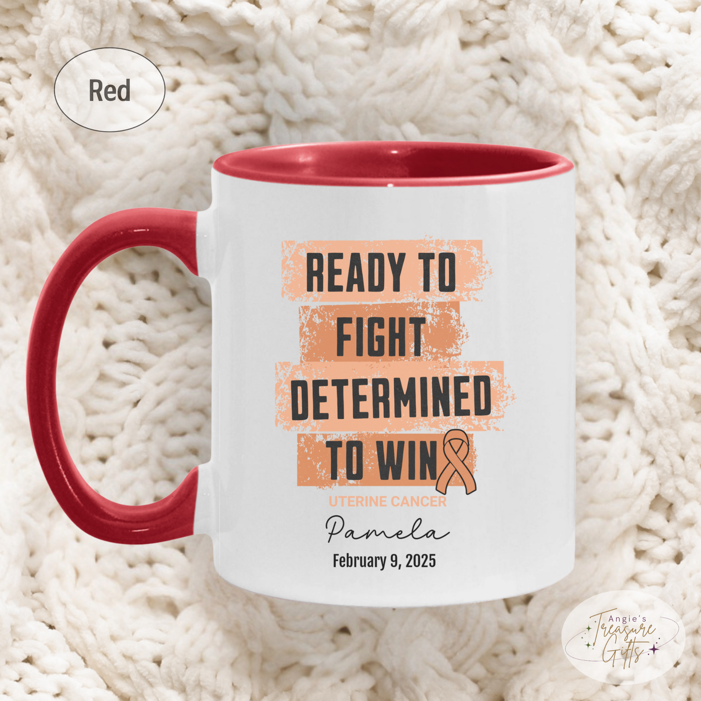 Personalized Uterine Cancer Awareness Mug – “Ready to Fight, Determined to Win” – Peach Ribbon Survivor Gift