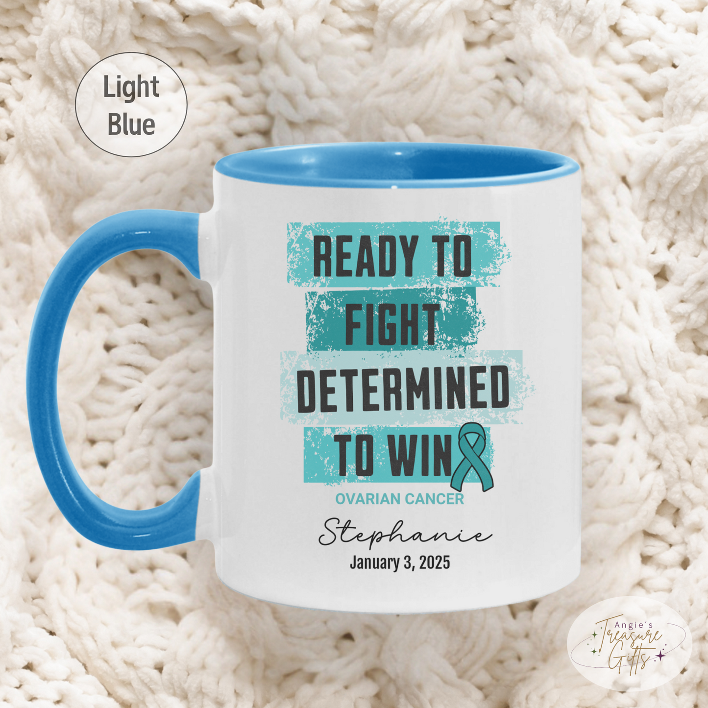 Personalized Ovarian Cancer Awareness Mug – “Ready to Fight, Determined to Win” – Teal Ribbon Survivor Gift
