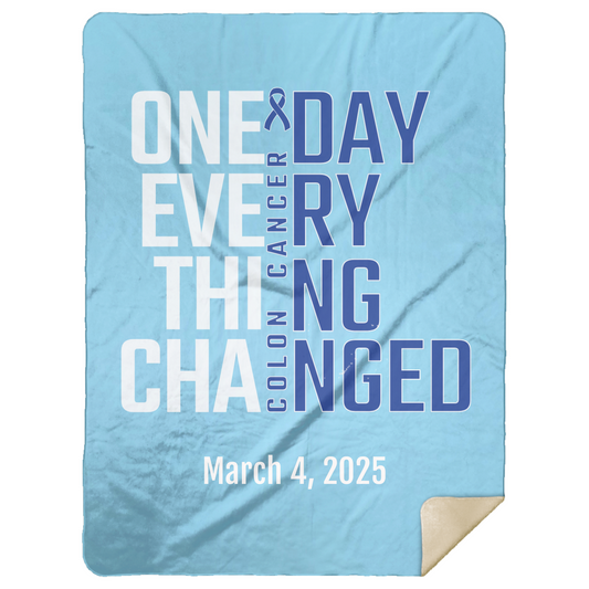 Personalized Colon Cancer Awareness Sherpa Blanket – One Day Everything Changed – Custom Name & Date - Three Sizes - Dark Blue Ribbon