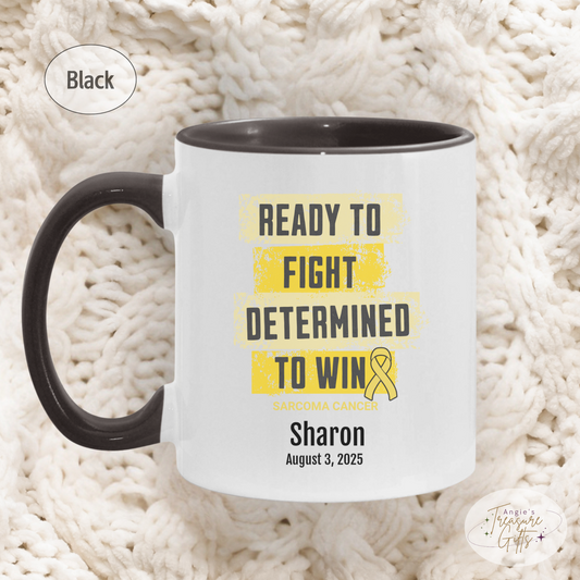 Personalized Sarcoma Cancer Awareness Mug – “Ready to Fight, Determined to Win” – Yellow Ribbon Survivor Gift