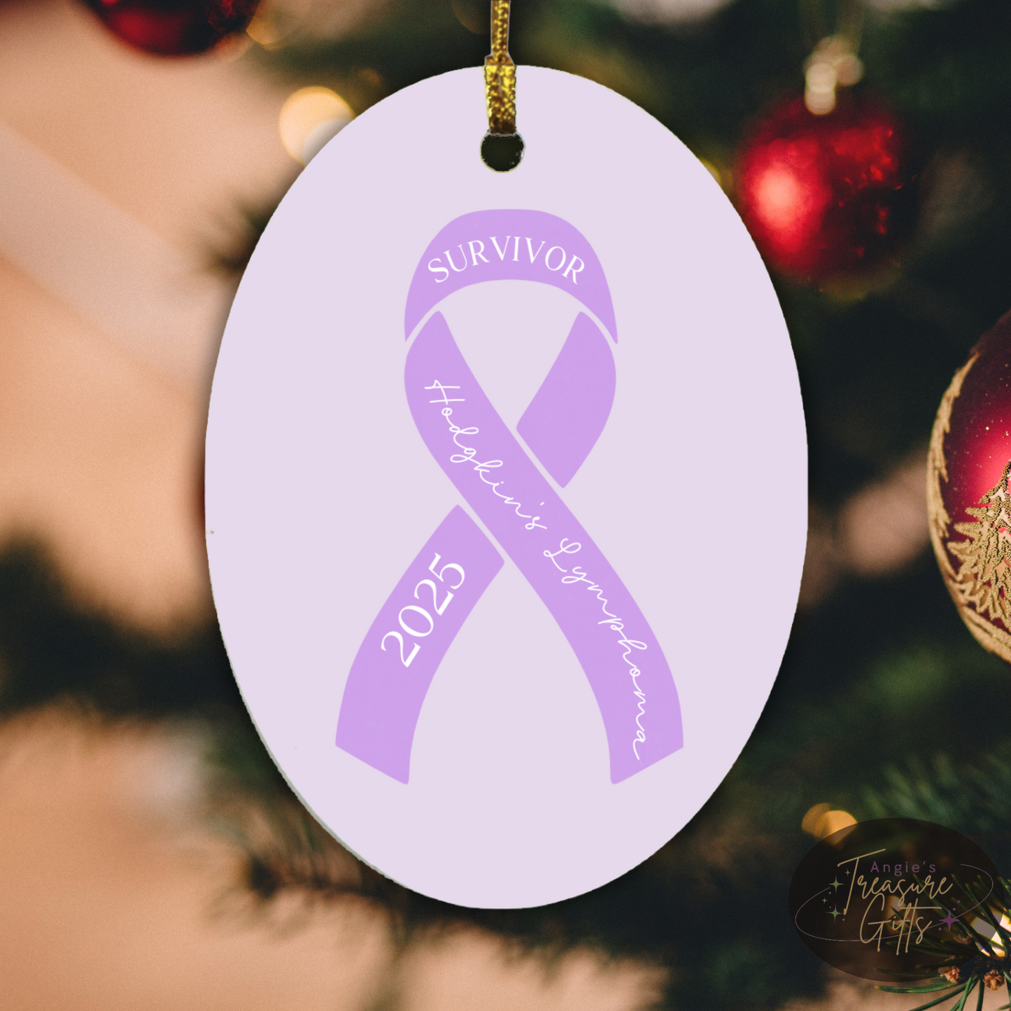 Personalized Hodgkins Lymphoma Ornament – Purple Awareness Ribbon – Survivor, Warrior, or Fighter – Custom Year Keepsake Gift