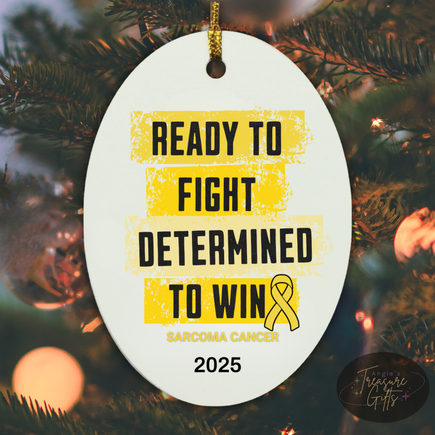 Personalized Sarcoma Cancer Awareness Ornament – “Ready to Fight, Determined to Win” Yellow Ribbon