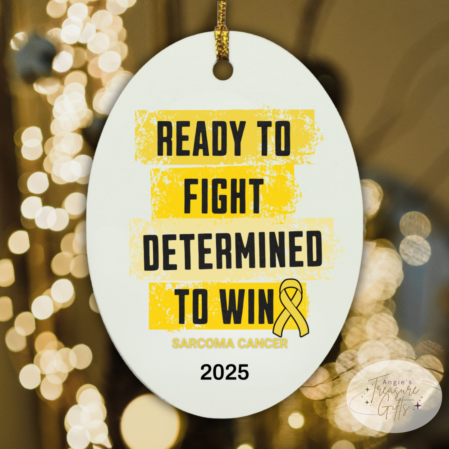 Personalized Sarcoma Cancer Awareness Ornament – “Ready to Fight, Determined to Win” Yellow Ribbon