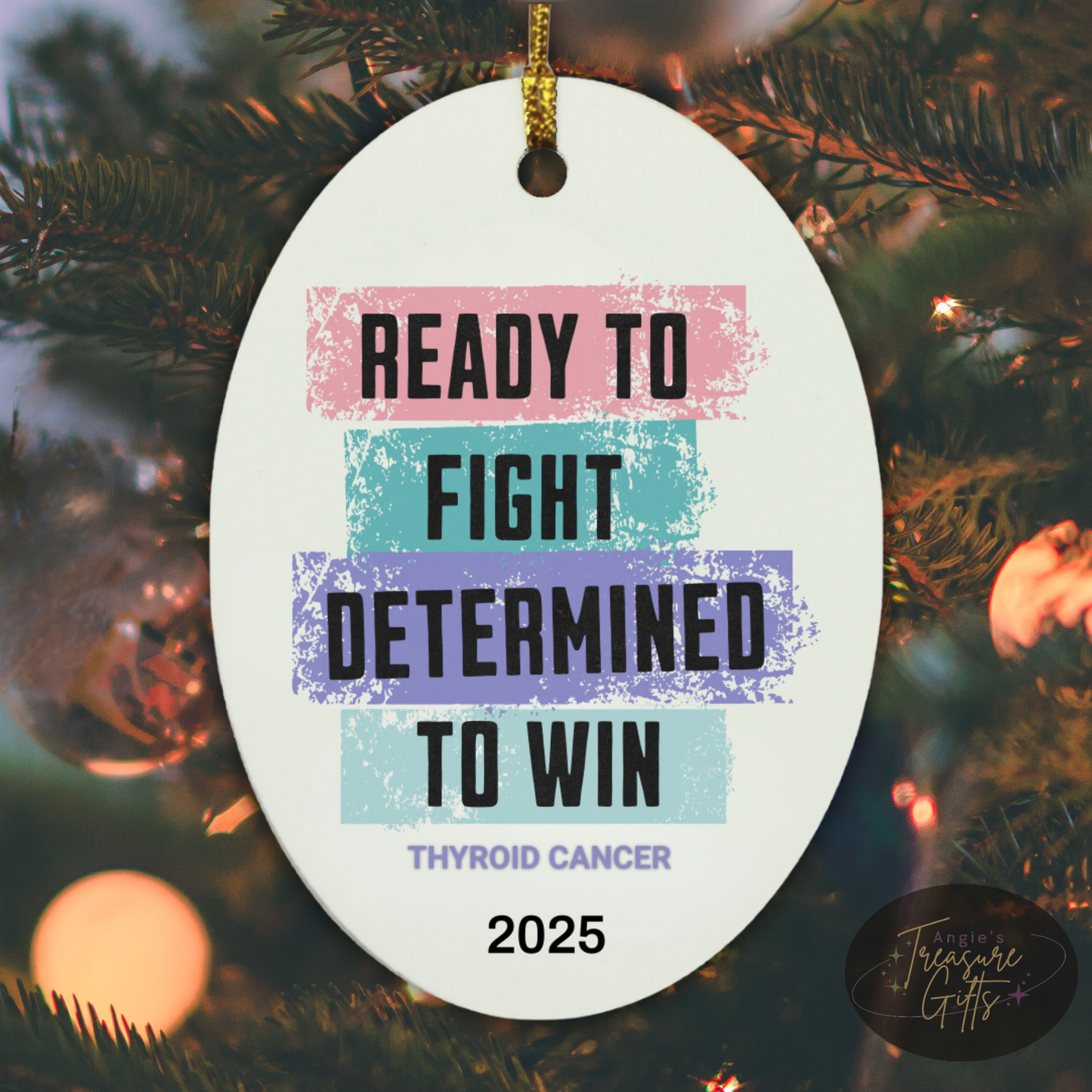 Personalized Thyroid Cancer Awareness Ornament – “Ready to Fight, Determined to Win” Pink Teal Purple Ribbon