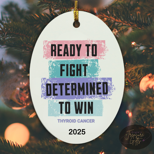 Personalized Thyroid Cancer Awareness Ornament – “Ready to Fight, Determined to Win” Pink Teal Purple Ribbon