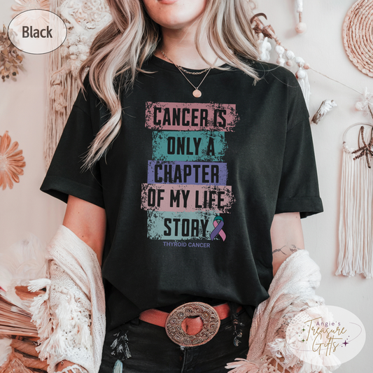 Thyroid Cancer Awareness T-Shirt – Cancer Is Only a Chapter of My Life Story – Teal Pink Blue Ribbon Survivor & Support Shirt