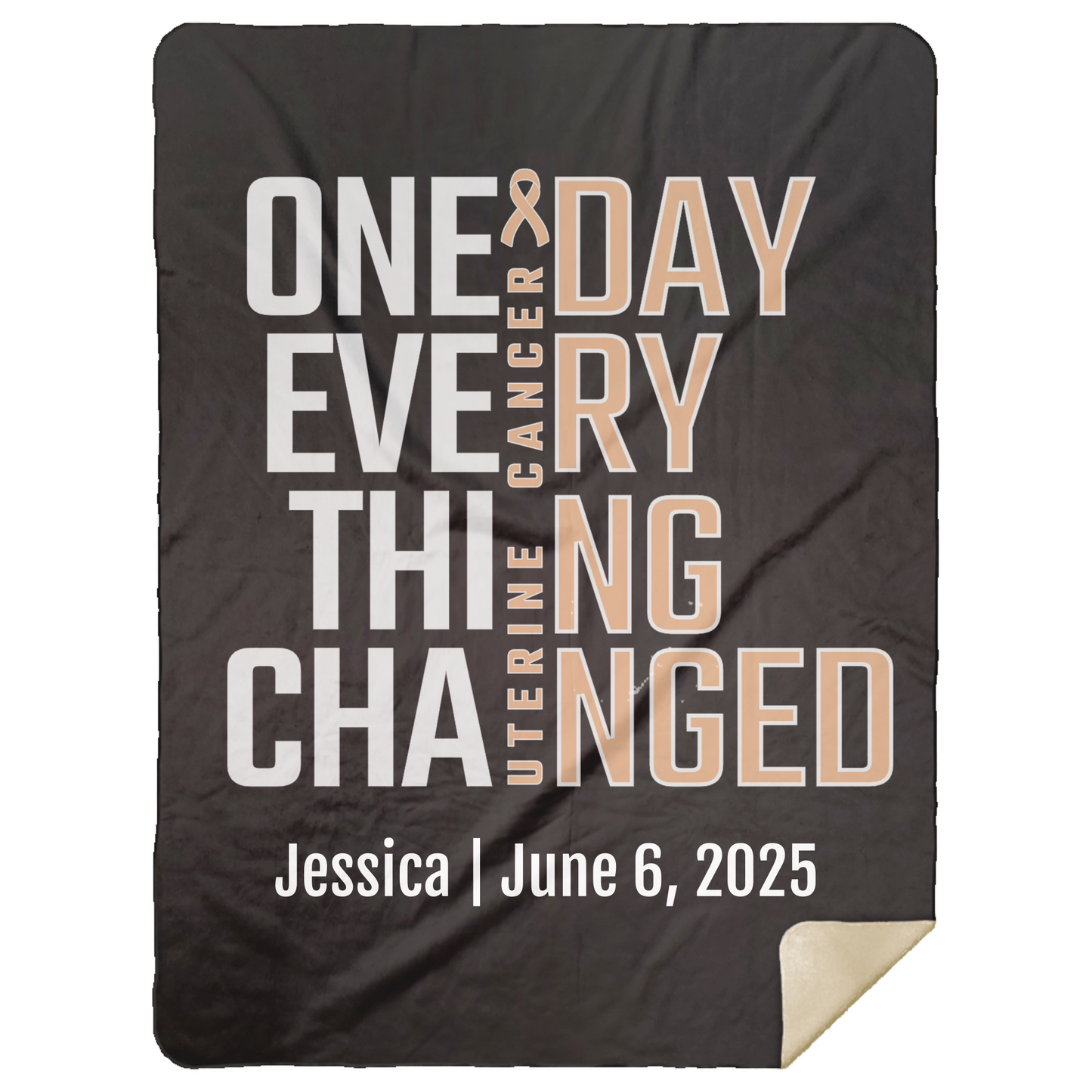Personalized Uterine Cancer Awareness Sherpa Blanket – One Day Everything Changed – Custom Name & Date - Three Sizes - Peach Ribbon