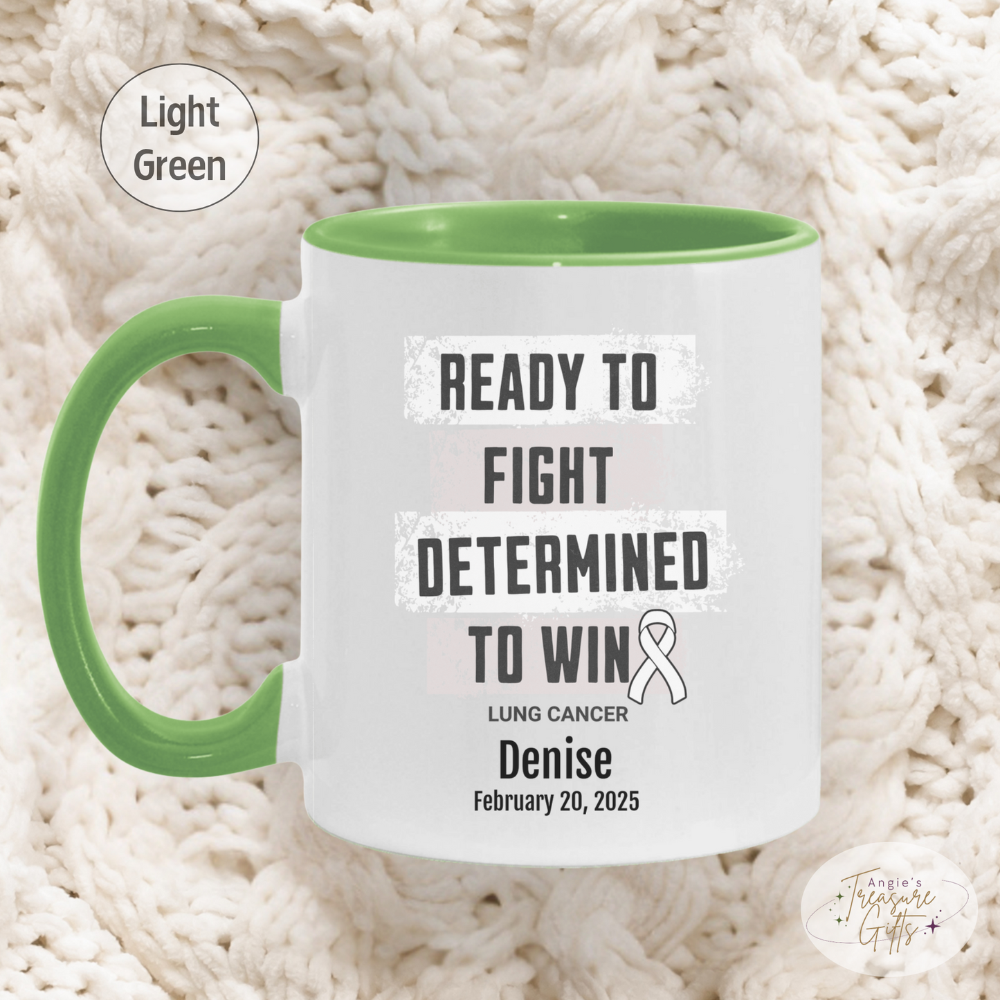 Personalized Lung Cancer Awareness Mug – “Ready to Fight, Determined to Win” – White Ribbon Survivor Gift