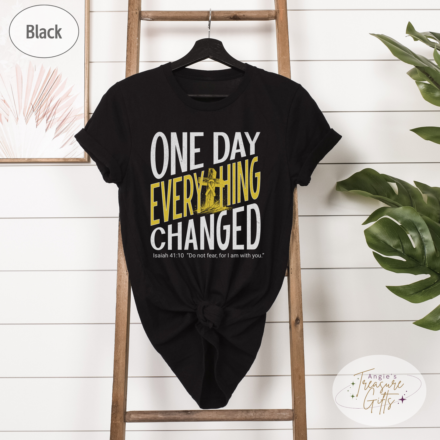 One Day Everything Changed Isaiah 41:10 Sarcoma Awareness Shirt | Yellow Ribbon Faith Hope Love Bella Canvas 3001 Tee