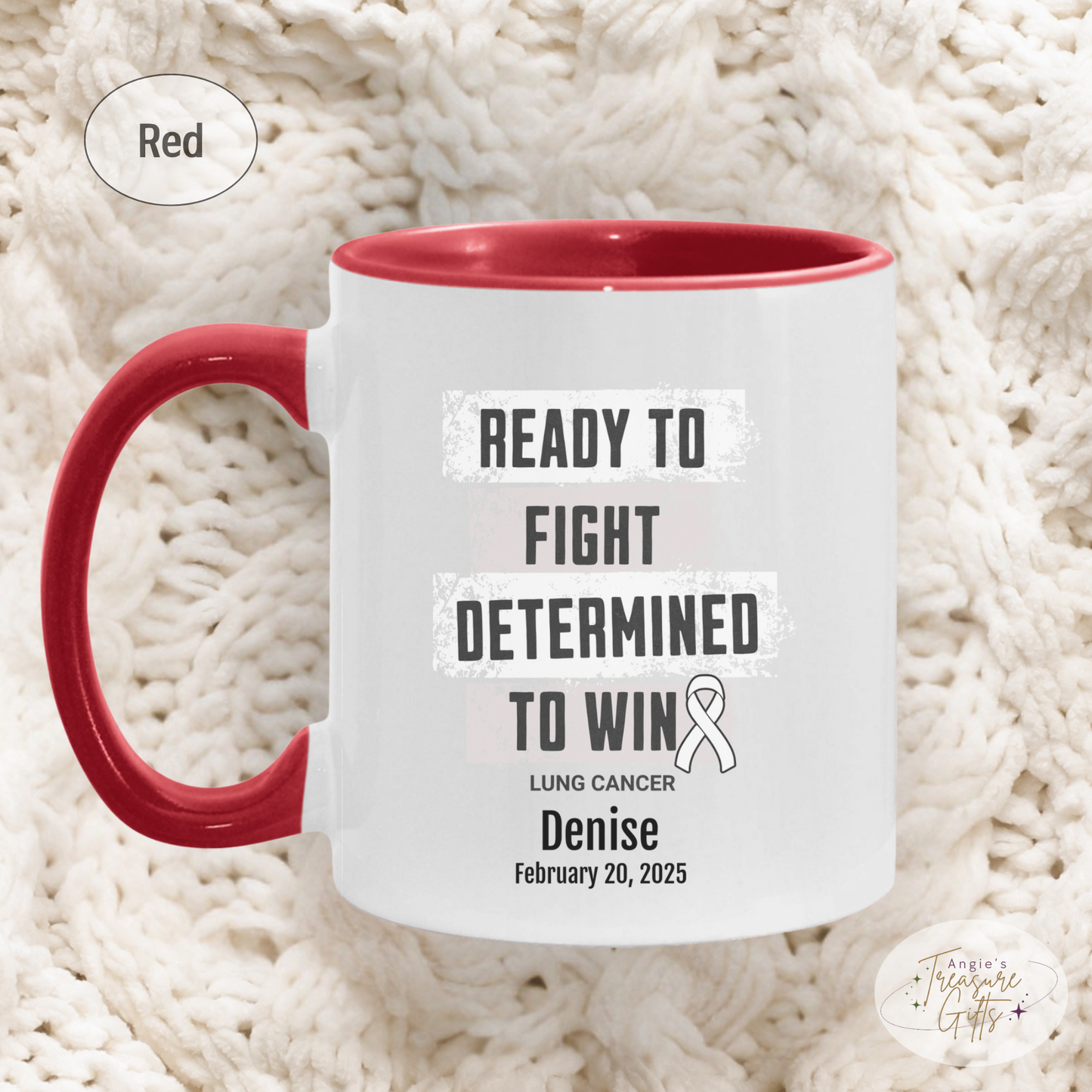 Personalized Lung Cancer Awareness Mug – “Ready to Fight, Determined to Win” – White Ribbon Survivor Gift