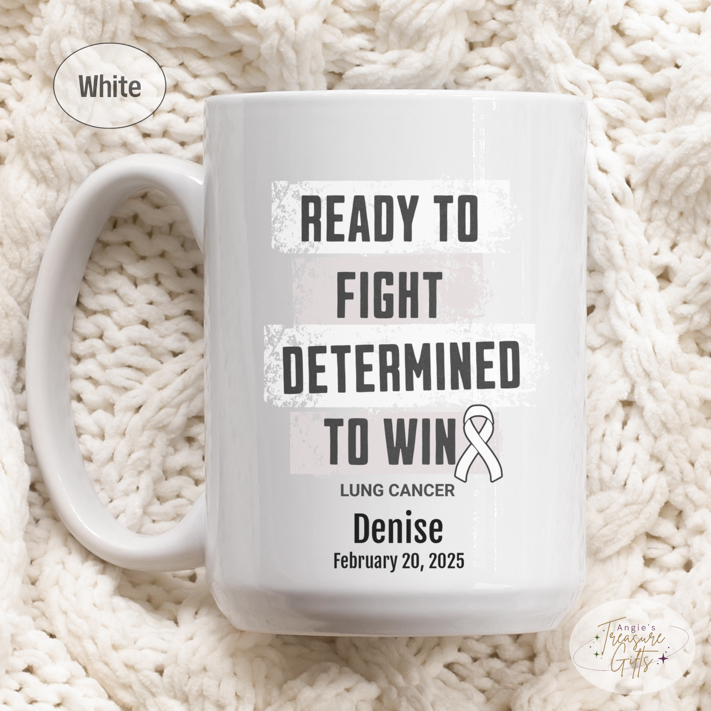 Personalized Lung Cancer Awareness Mug – “Ready to Fight, Determined to Win” – White Ribbon Survivor Gift