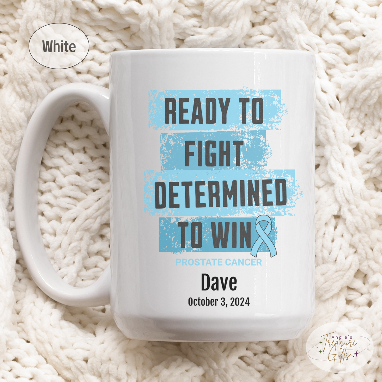 Personalized Prostate Cancer Awareness Mug – “Ready to Fight, Determined to Win” – Light Blue Ribbon Survivor Gift