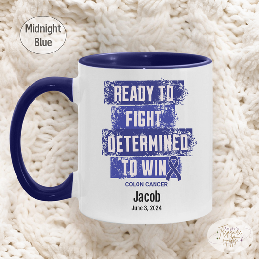Personalized Colon Cancer Awareness Mug – “Ready to Fight, Determined to Win” – Dark Blue Ribbon Survivor Gift