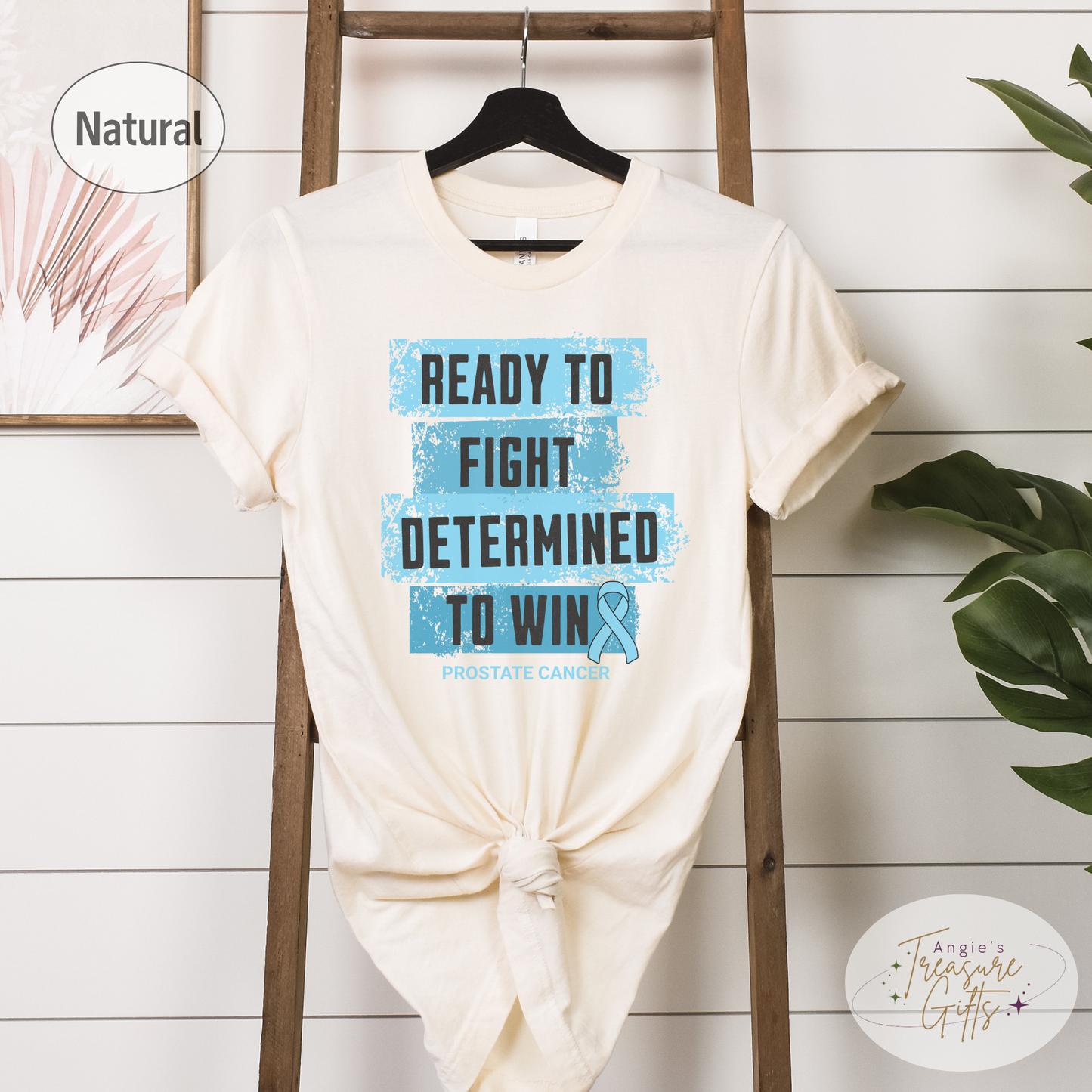 Prostate Cancer Awareness T-Shirt – Light Blue Ribbon Survivor Gift – Ready to Fight Determined to Win