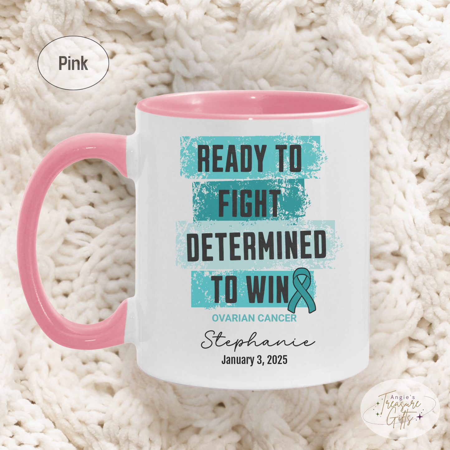 Personalized Ovarian Cancer Awareness Mug – “Ready to Fight, Determined to Win” – Teal Ribbon Survivor Gift
