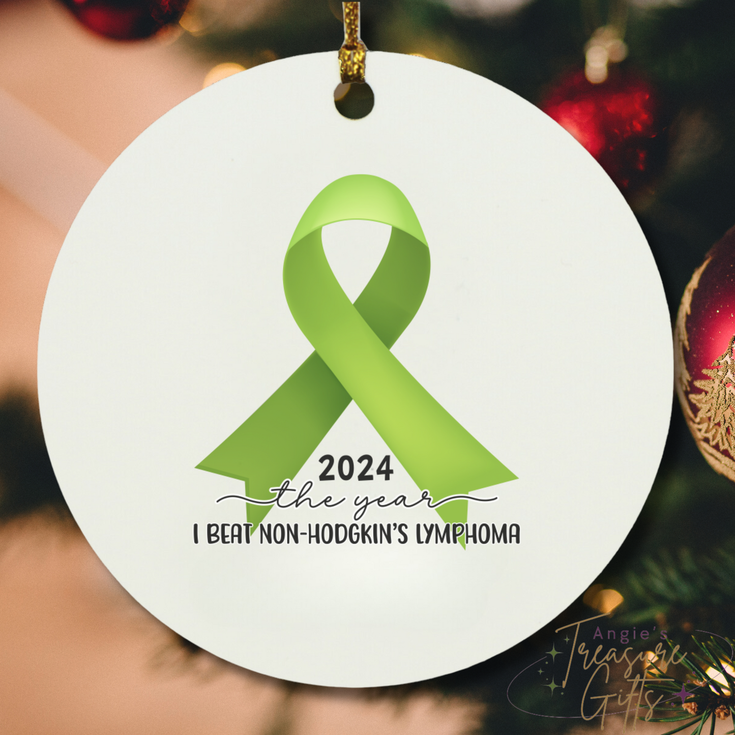 Personalized Non-Hodgkin’s Lymphoma Survivor Christmas Ornament – Lime Green Awareness Ribbon