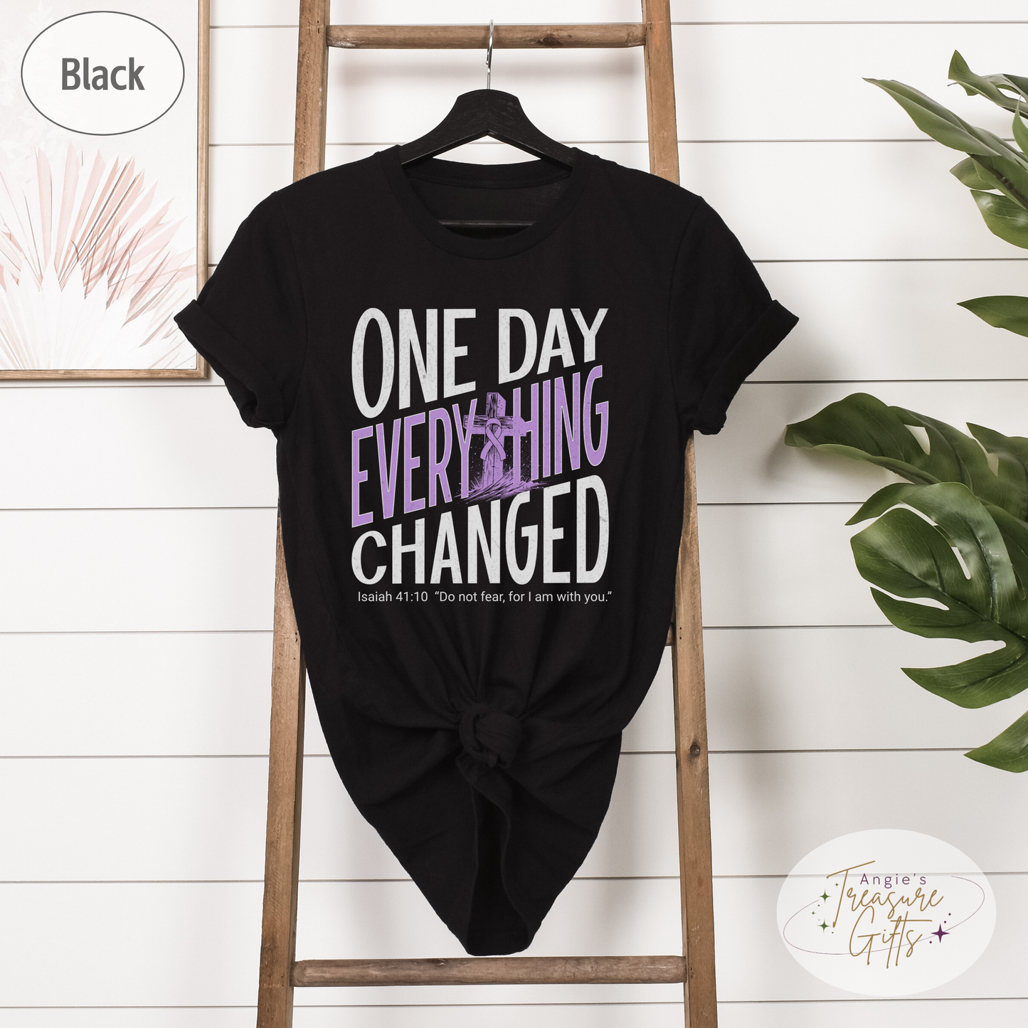 One Day Everything Changed Isaiah 41:10 Hodgkin's Lymphoma Awareness Shirt | Purple Ribbon | Faith Hope Love Bella Canvas 3001 Tee