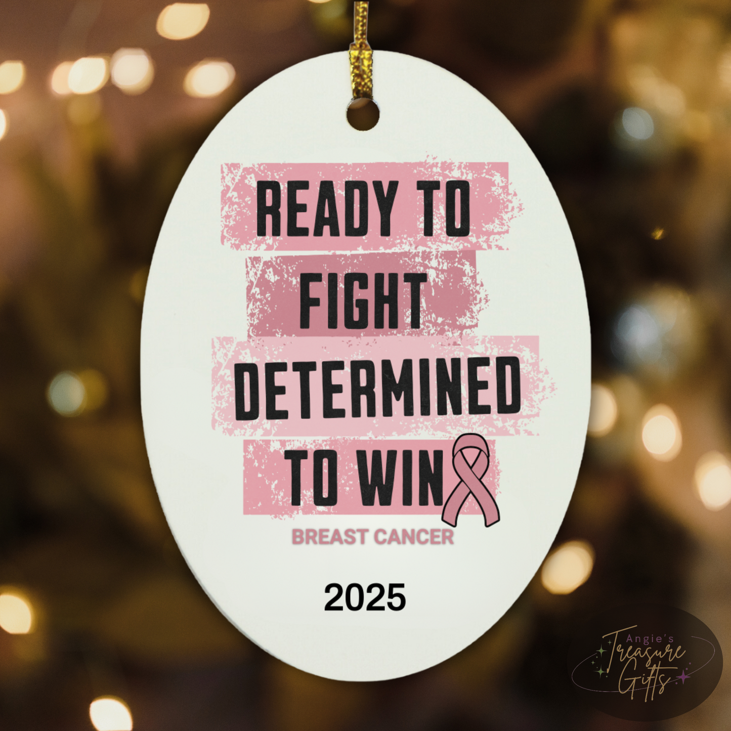 Personalized Breast Cancer Awareness Ornament – “Ready to Fight, Determined to Win” Pink Ribbon