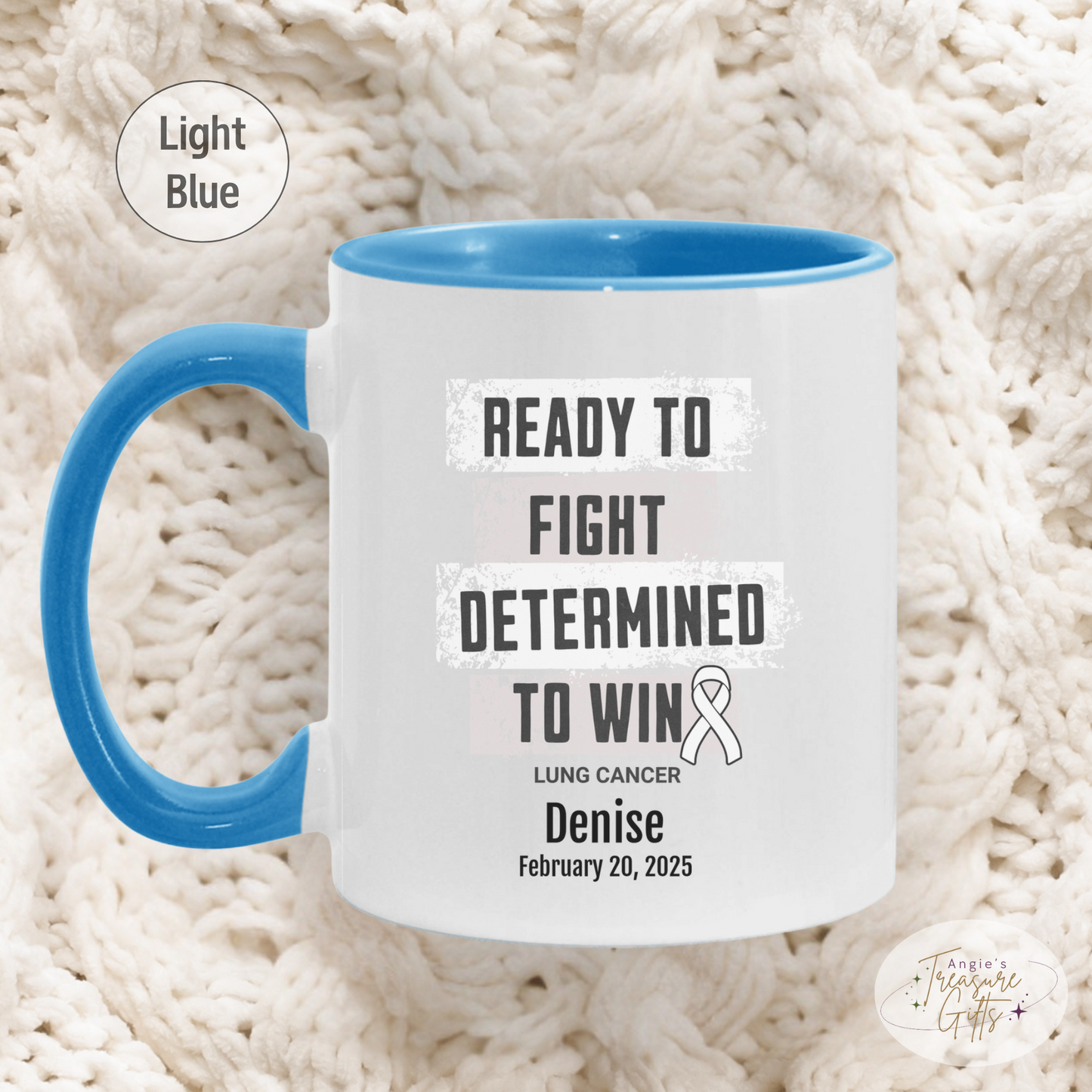 Personalized Lung Cancer Awareness Mug – “Ready to Fight, Determined to Win” – White Ribbon Survivor Gift