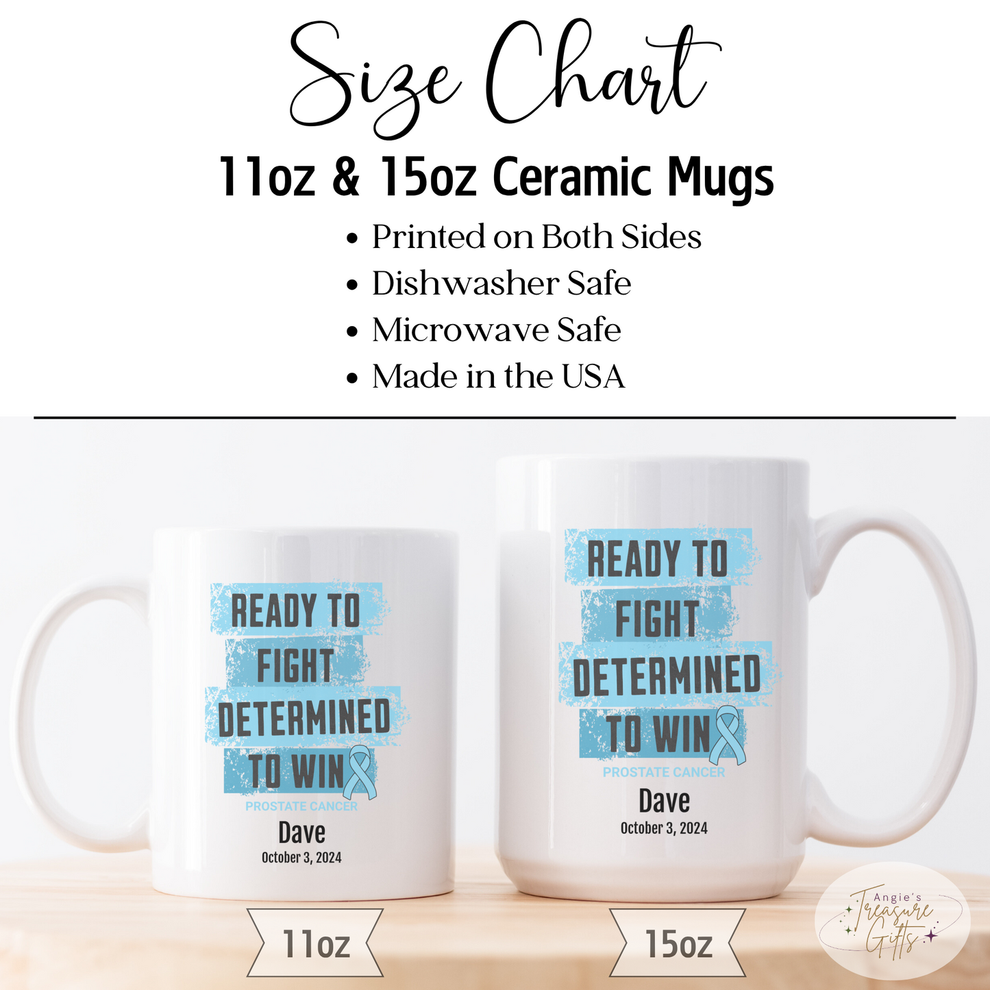 Personalized Prostate Cancer Awareness Mug – “Ready to Fight, Determined to Win” – Light Blue Ribbon Survivor Gift