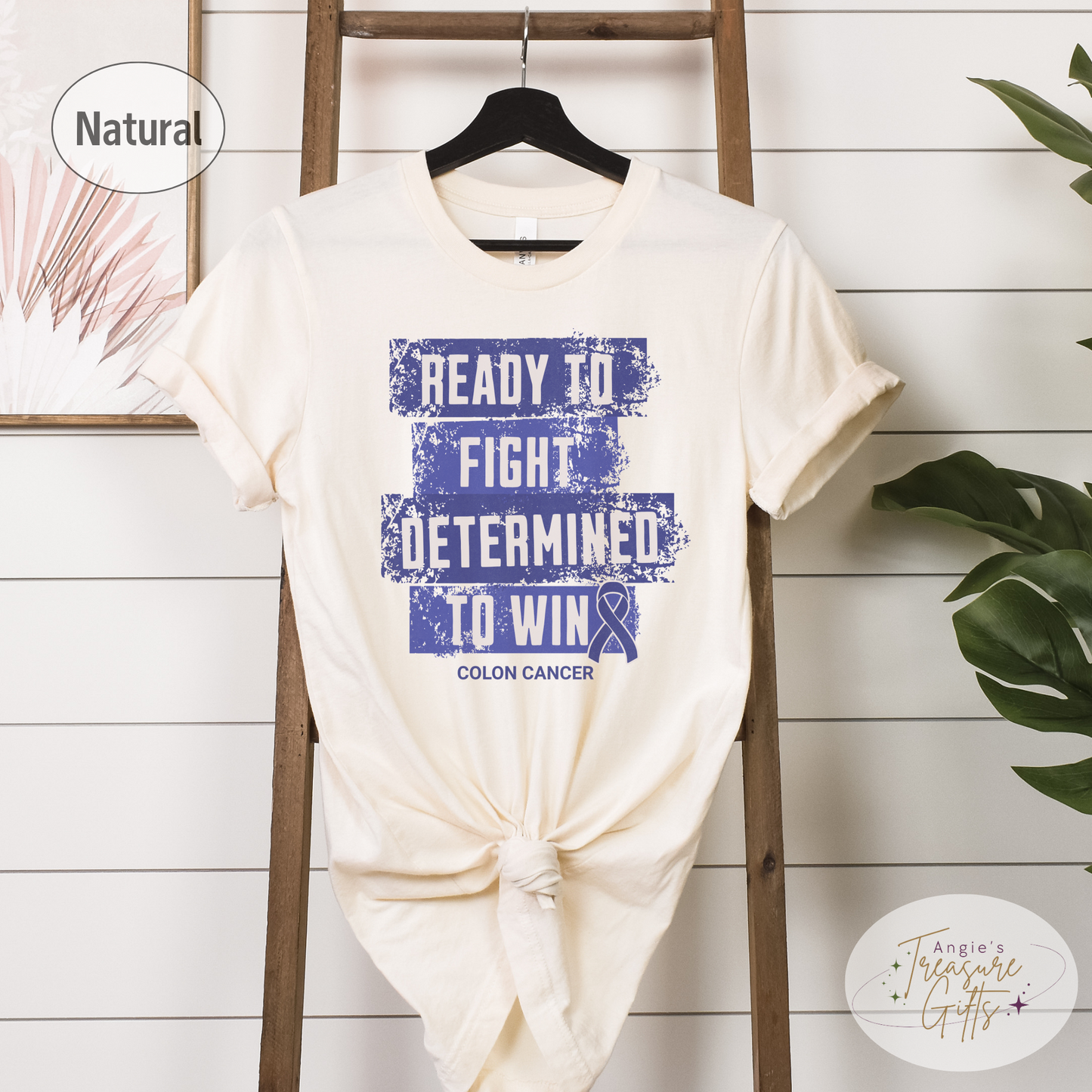 Colon Cancer Awareness T-Shirt – Ready to Fight Determined to Win – Blue Ribbon Survivor Gift