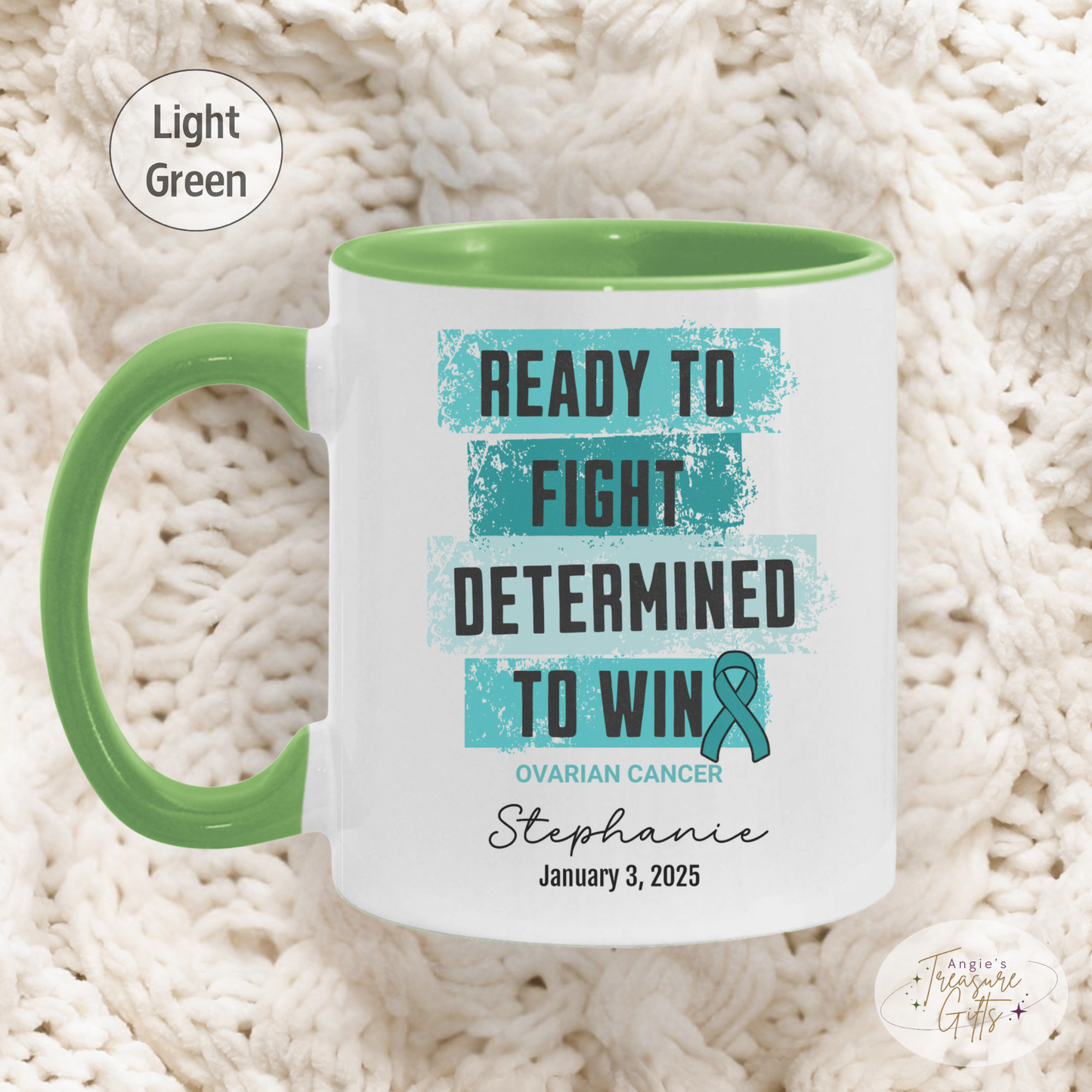 Personalized Ovarian Cancer Awareness Mug – “Ready to Fight, Determined to Win” – Teal Ribbon Survivor Gift