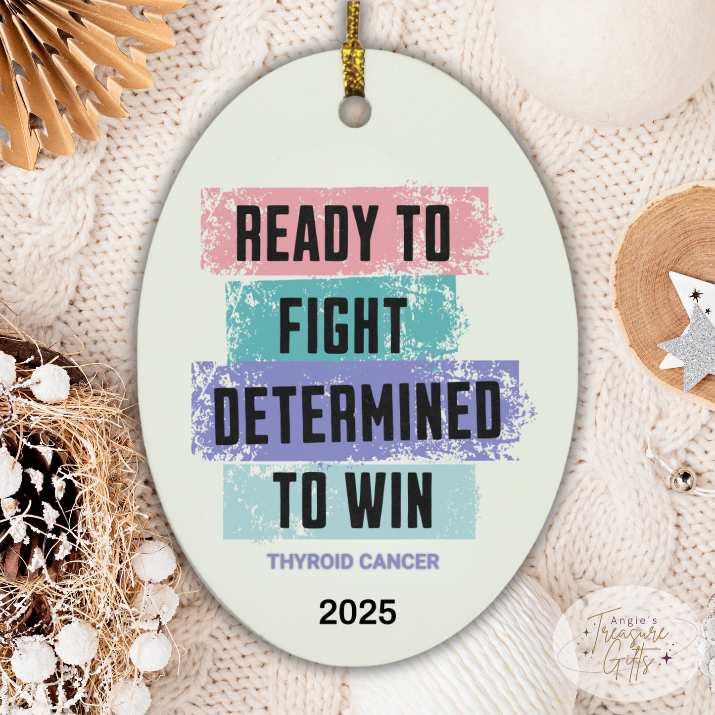 Personalized Thyroid Cancer Awareness Ornament – “Ready to Fight, Determined to Win” Pink Teal Purple Ribbon