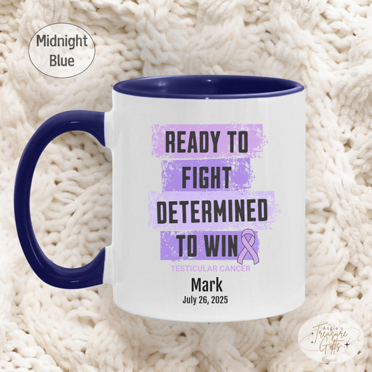 Personalized Testicular Cancer Awareness Mug – “Ready to Fight, Determined to Win” – Light Purple Ribbon Survivor Gift
