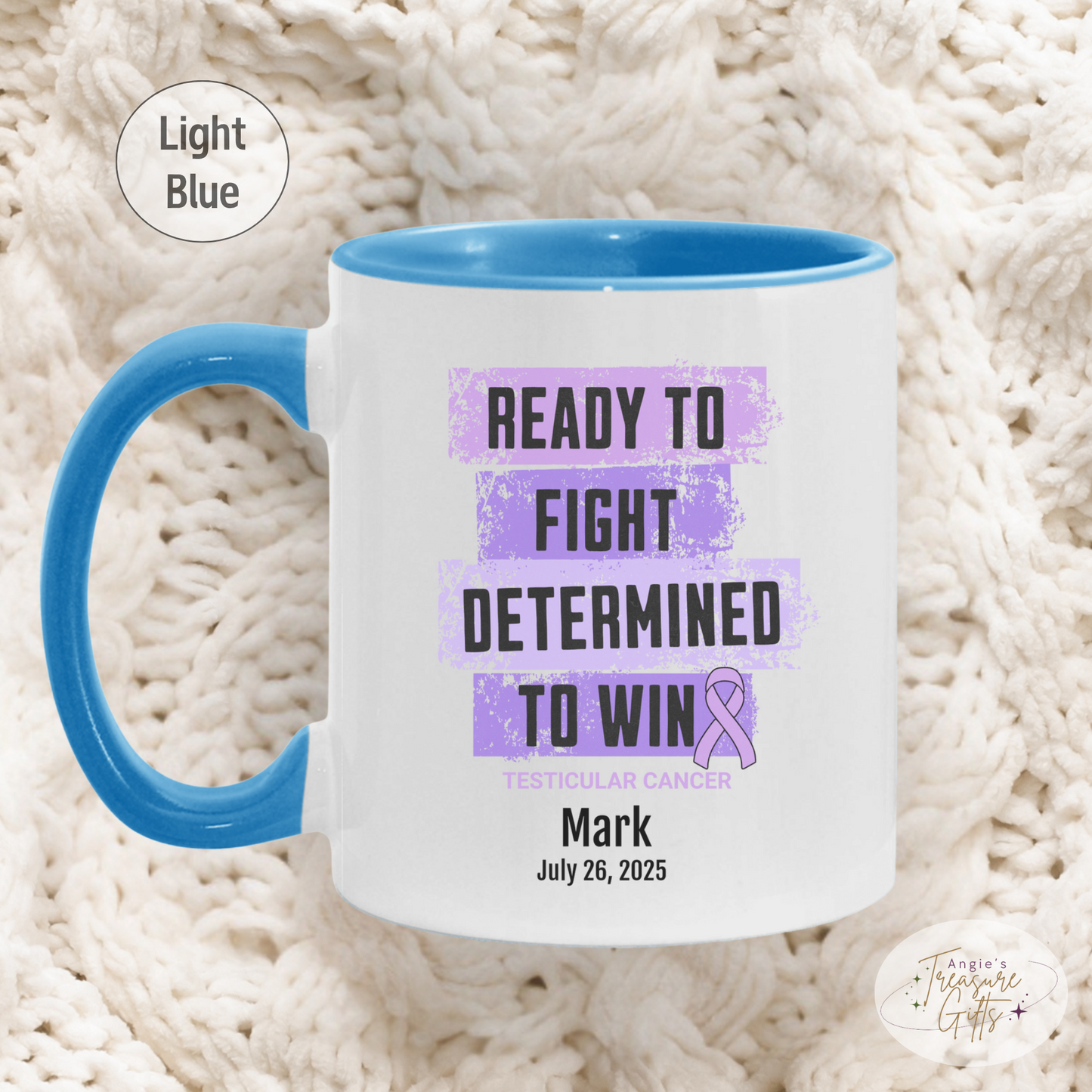 Personalized Testicular Cancer Awareness Mug – “Ready to Fight, Determined to Win” – Light Purple Ribbon Survivor Gift