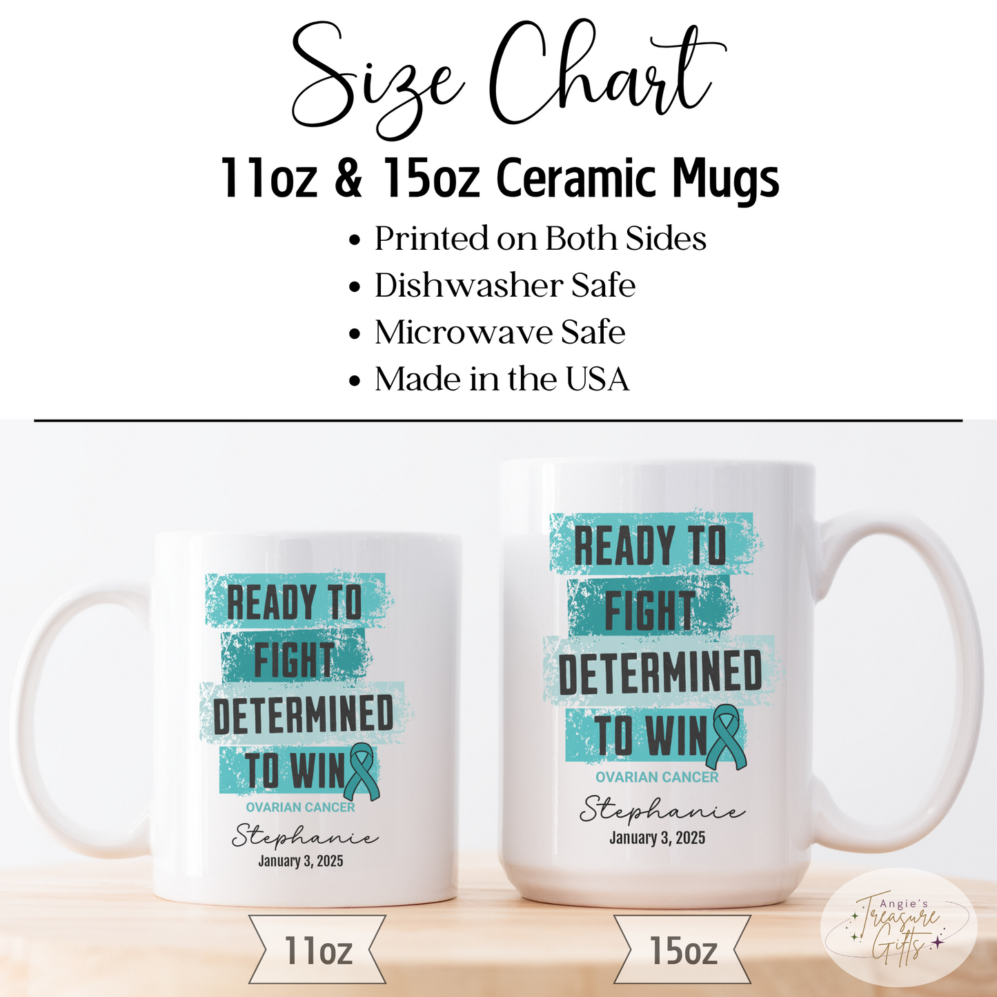 Personalized Ovarian Cancer Awareness Mug – “Ready to Fight, Determined to Win” – Teal Ribbon Survivor Gift