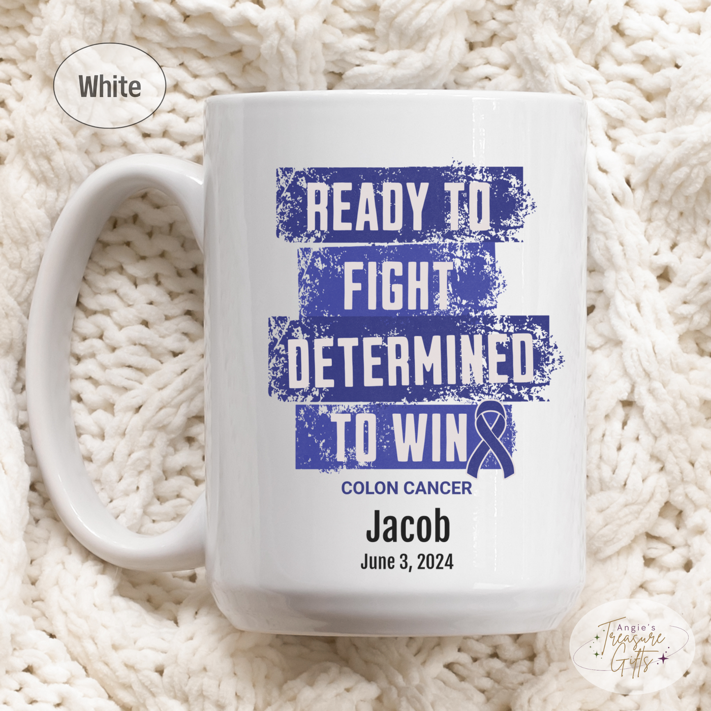 Personalized Colon Cancer Awareness Mug – “Ready to Fight, Determined to Win” – Dark Blue Ribbon Survivor Gift